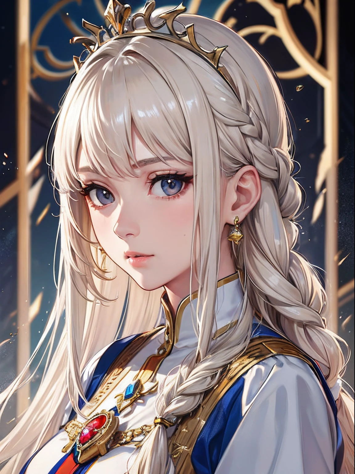 masterpiece、top-quality、hight resolution、High-quality images、8K、1maidennurse、detaileds、the detail、Detailed eye depiction、skin gloss、shinny hair、platinum-blonde、Long braided hair、Soft hair、anastasia、coronation ceremony、Young queen、