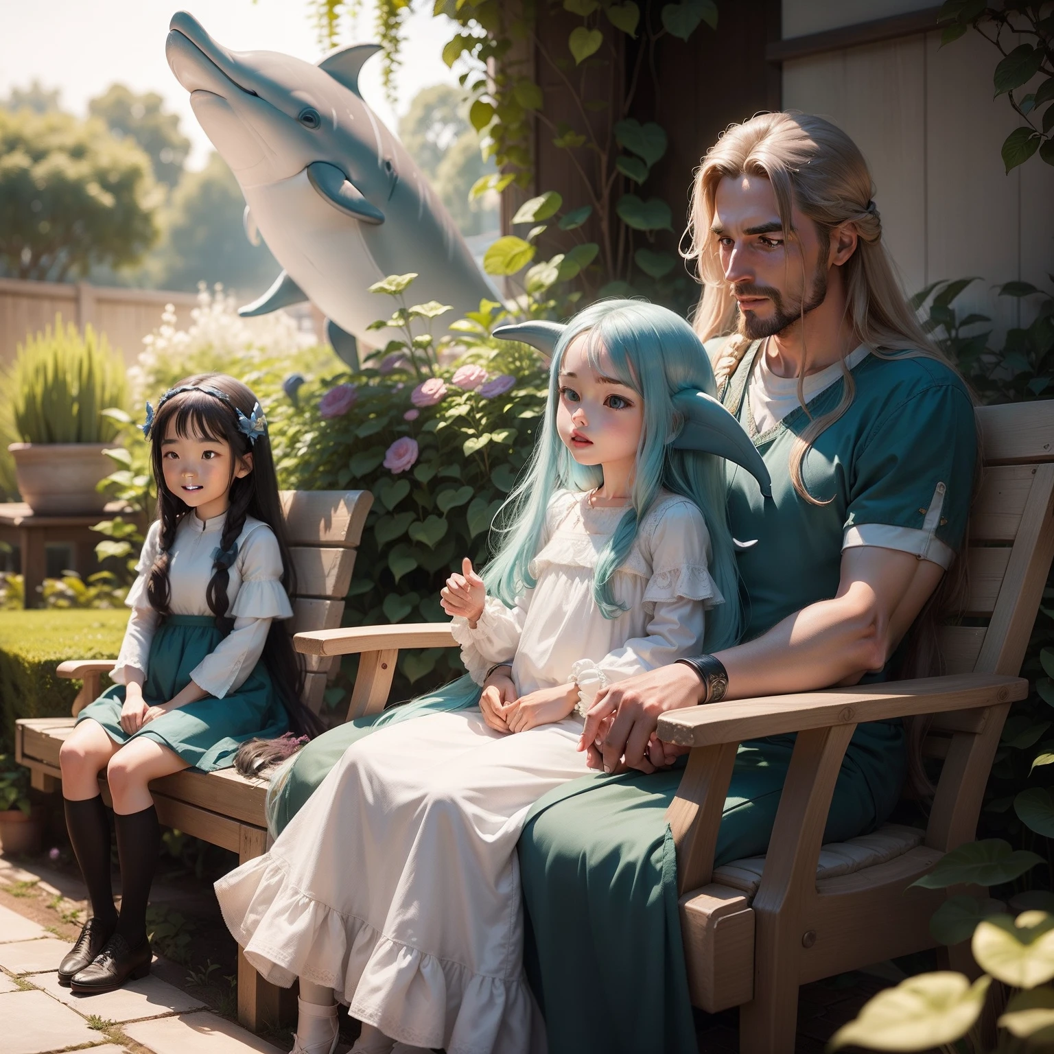 A women with very long teeth and a man with very long hair sitting in garden with their dolphin face children