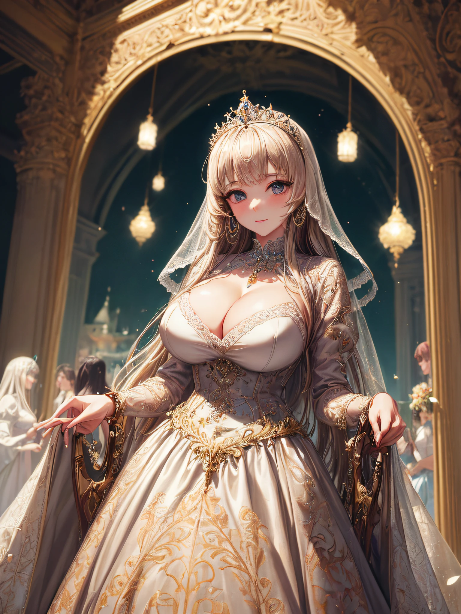 (masterpiece, best quality,extremely detailed,moe anime art style:1.2),1girl, (solo), cute, kawaii,digital art,((1 bling-bling anime princess wearing beautiful embroidery and jeweled gorgeous princess ballgown with voluminous full length hoop skirt)),((crinoline)),long train,voluminous frills,(gorgeous embroidery and beautiful lace),(very gigantic boobs,cleavage,skindentation),((shiny hair,absurdly voluminous straight hair,absurdly Long Hair)),((finely detailed face and eyes)),clear pupil,(bling-bling gorgeousfull jeweled big tiara),((bling-bling gorgeous gemstone jewelry)),long veil,((standing in beautiful luxury palace)),flowers,flower petals flowing,standing pose,(dynamic angle),((beautiful embroidery and jeweled gorgeous princess ballgown with voluminous full length hoop skirt))