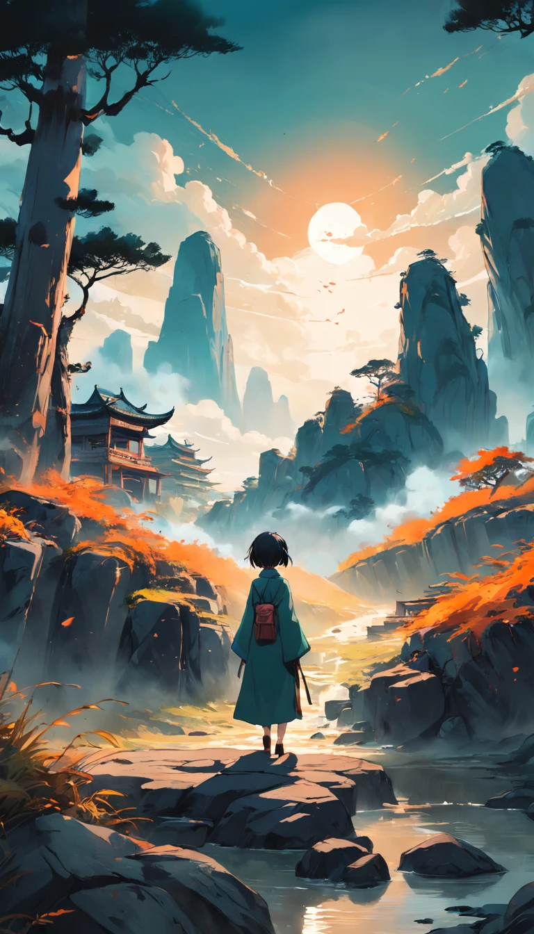 Chinese Landscape Ink Painting Low Angle Perspective OC Rendered Sculpture, savana, morning vibes with sun, 4K