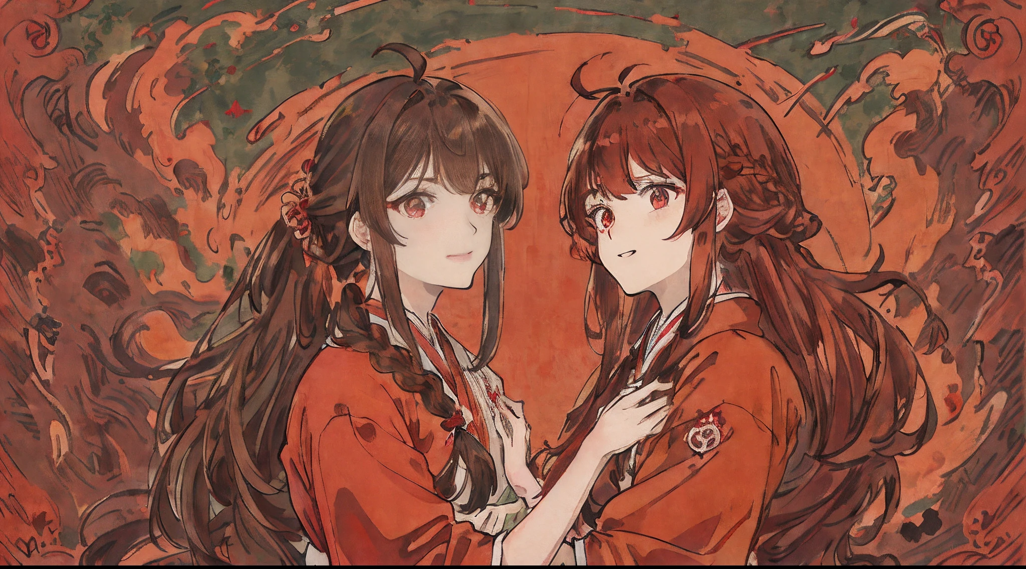 masterpiece,best quality,official art,extremely detailed CG unity 8k wallpaper, brown hair, smile, long hair, low-tied long hair,ahoge,red_hanfu,red_eyes, brown eyes, Fine fried dough twist Braid， Lateral plait on both sides,glowingeyes, atdan, green background,