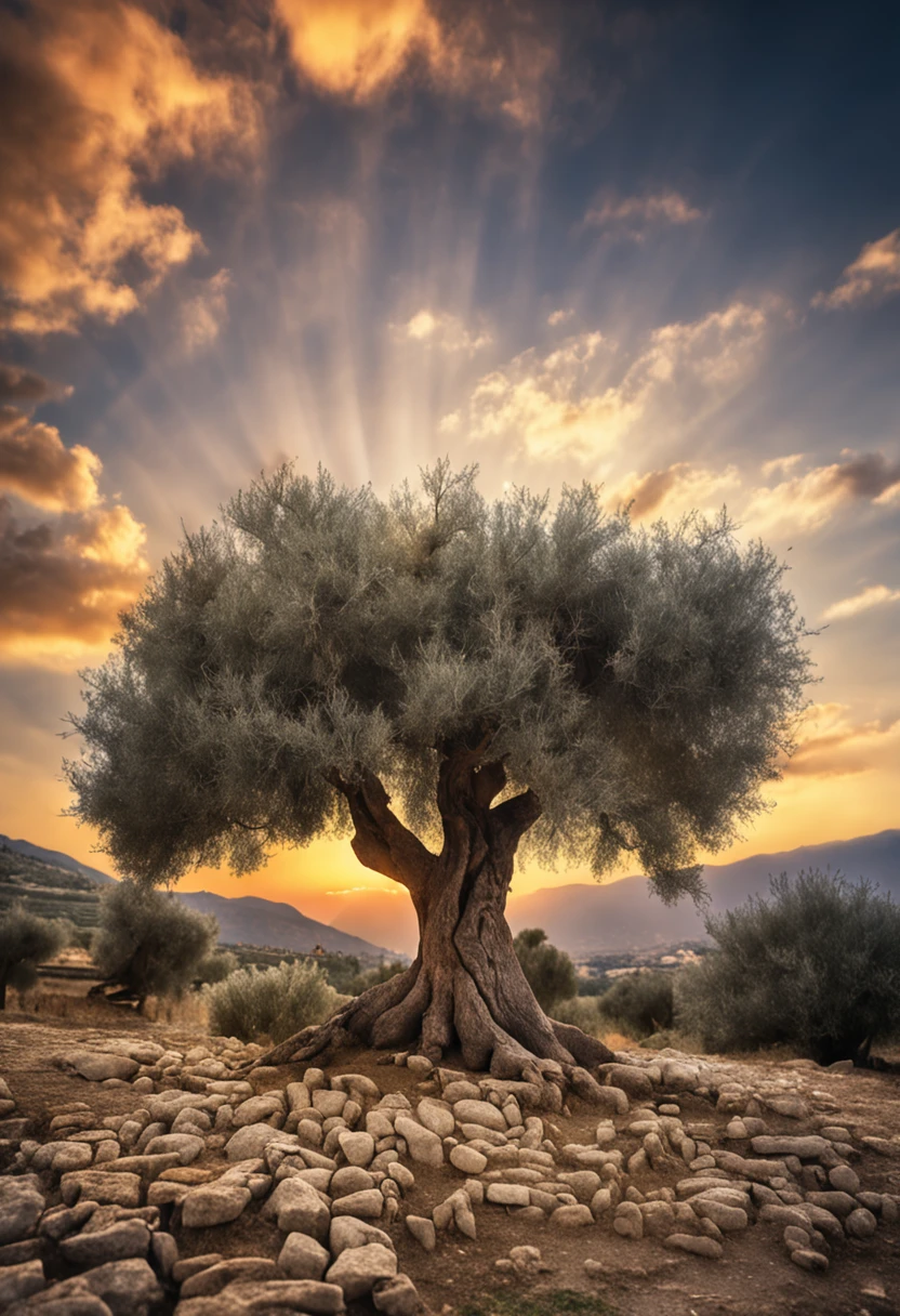 the oldest olive tree in the world standing next to a stone wall in Sicily, with strong backlight from the sun