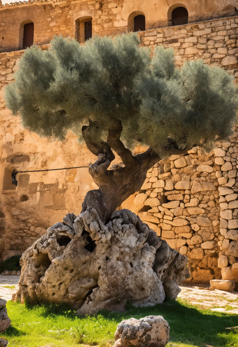 the oldest olive tree in the world standing next to a stone wall in Sicily, with strong backlight from the sun
