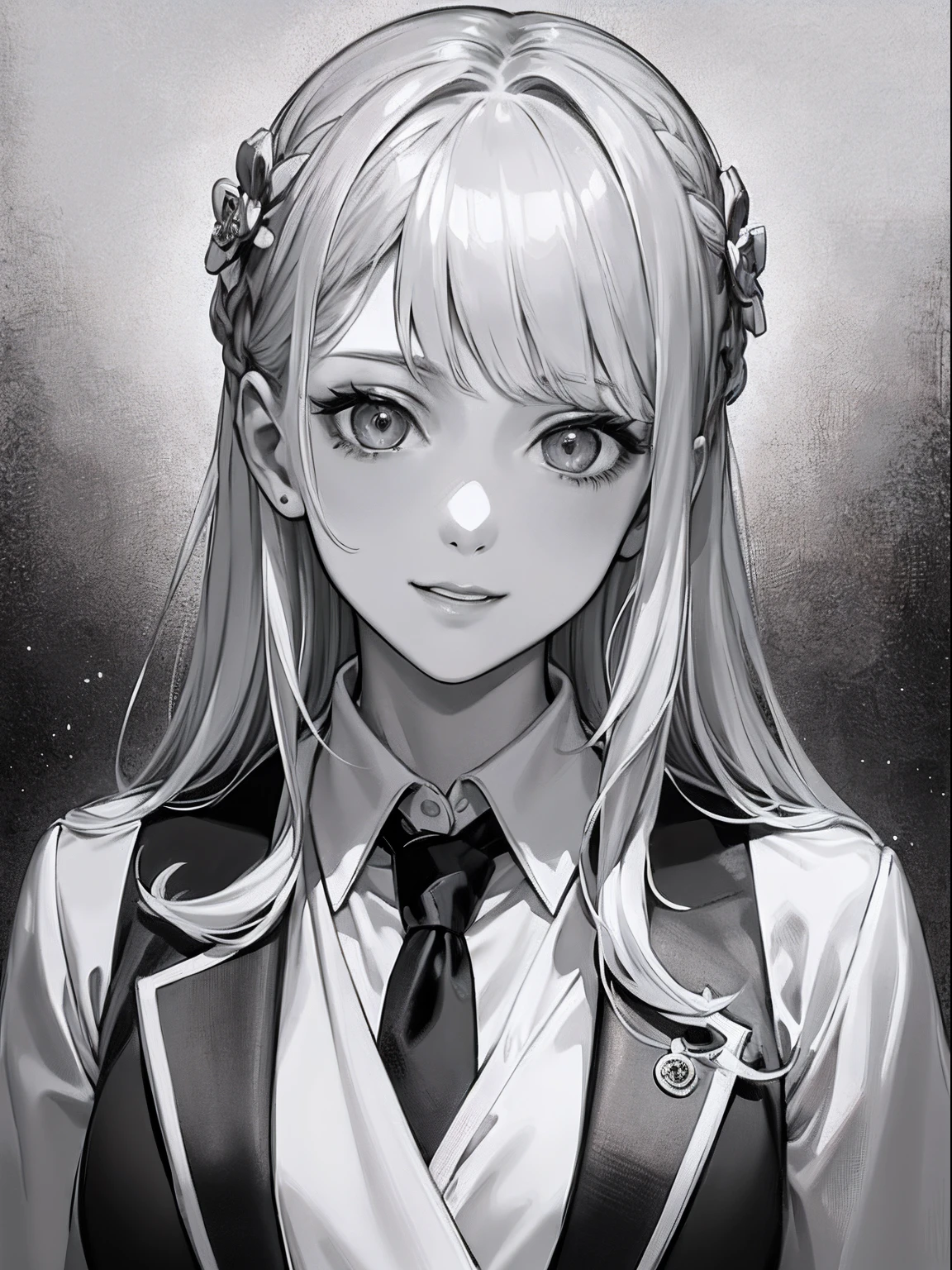 ​masterpiece、top-quality、hight resolution、High-quality images、8K、１maidennurse、detaileds、Detailed eye depiction、skin gloss、shinny hair、Monochrome grayscale、cabelos preto e longos、Soft hair、Lisa、Speciality、Men's Suits、Loosened tie、Thin laughter