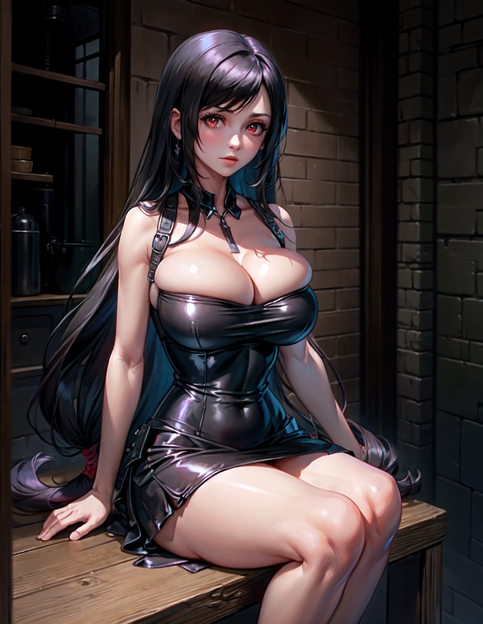 Tifa lockhart,  (huge breasts:1.5), long black hair, red eyes, purple dress, black lace trim