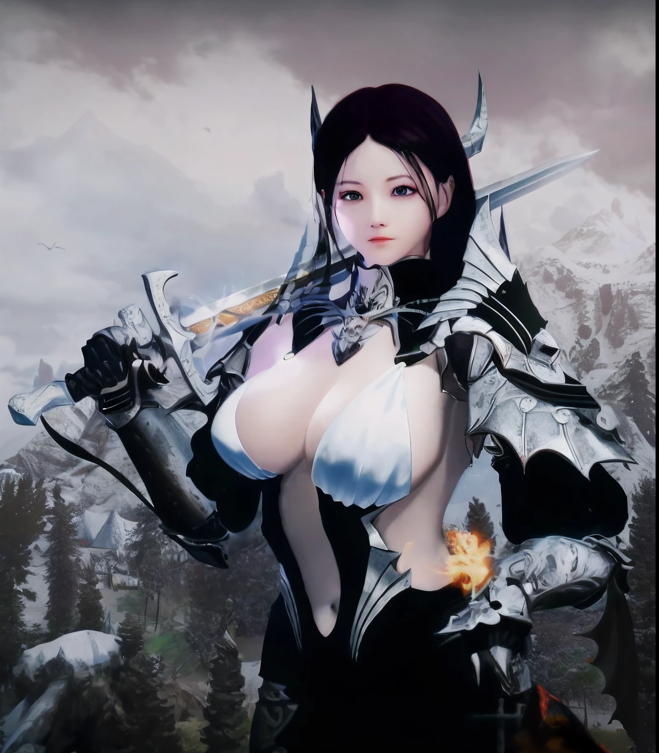 Anime girl poses in front of mountain with sword and armor, Armor Girl, korean mmorpg, pale black armor, ornate korean polearm behind her, 4 K detail fantasy, <mmorpgs scene, north adult female warrior, of a beautiful female knight, white plated armor,, forest hunter lady, white horns queen demon