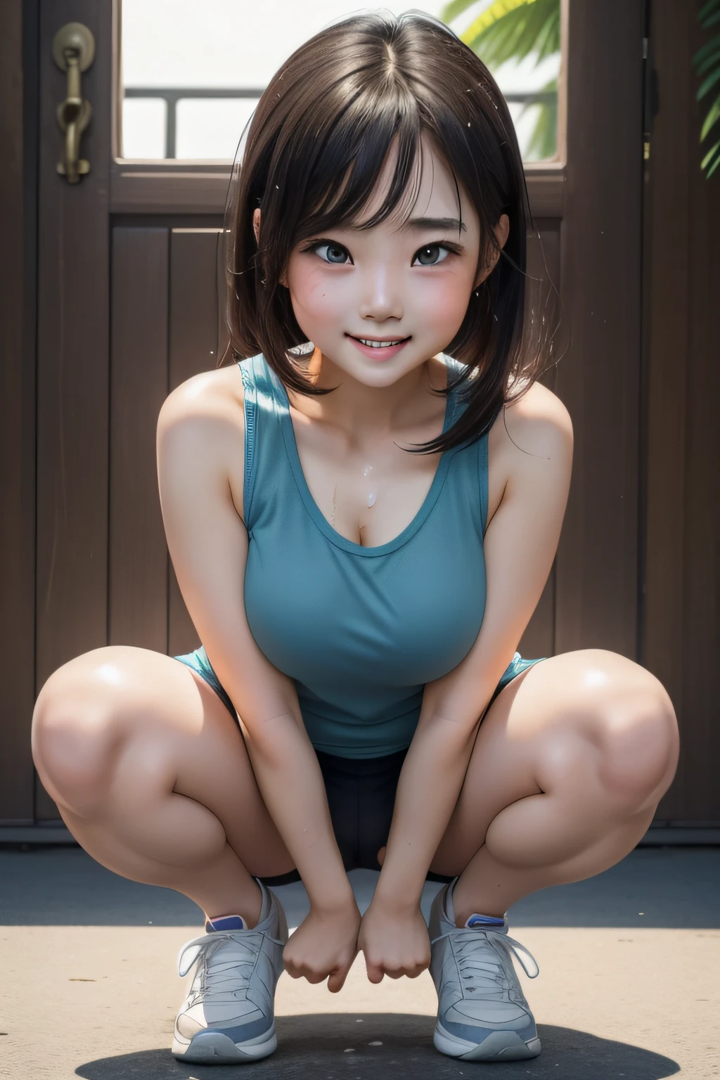 a beauty girl、Erotic、the face is round、Plump、((full of sweat))、cute little、Whip thighs、Wearing a tank top、((open the legs widely))、、A smile、crouching down、Hold your chest with both hands、Staring at this