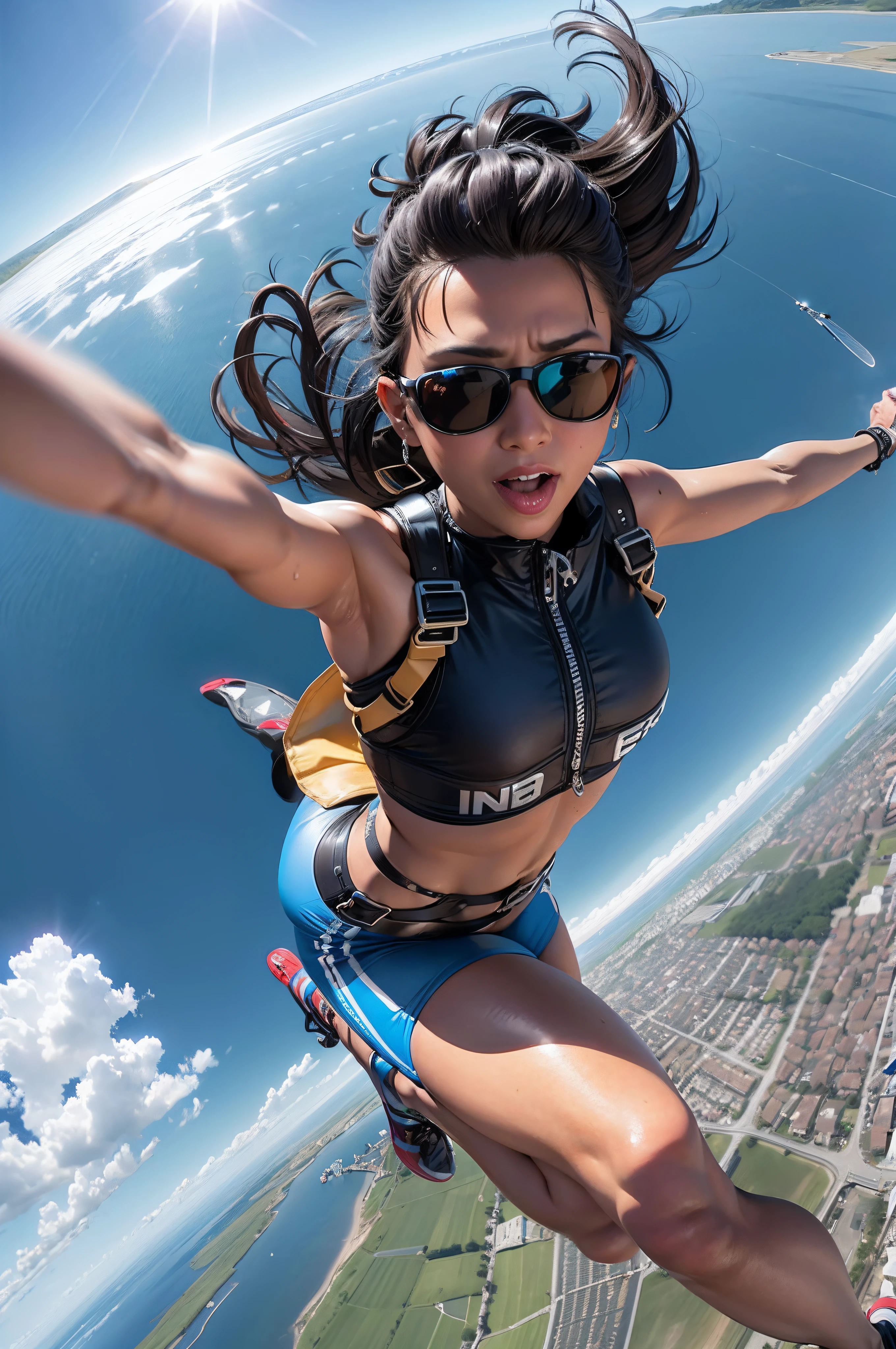 Fantastic hit fighter scene,1 girl skydiving,Deep V set,Half shorts
, in a panoramic view,Anatomically correct,Upper knee portrait photo,hyper realisitc ,Reflective and dispersive materials. Dispersion of light and light,high detal,High quality