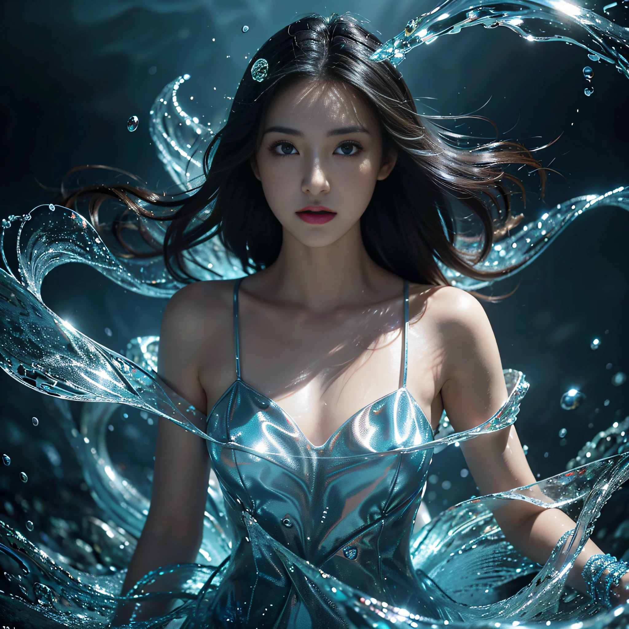 (tmasterpiece,top-quality,optimum,offcial art,Beautiful and beautiful,Long exposure:1.2),Smooth movement,Attractive pattern,one-girl,Adult women,Perfect skin,jade Eyes,Black leafy hair,sportrait,独奏,The upper part of the body,Gaze at the observer,detailedbackground,Detailed face,(Crystal AI,crystalline theme:1.1),Elemental Water Elves,Swirl water,Water control,Fantasy magician costume,dynamicposes,Floating particles,Ether dynamics, Eau,steamy,Background sea,blue tint,shores,Fantastical Atmosphere,mini-skirts。Black hair。Full face。Realism in the water。Light and shadow tracking,