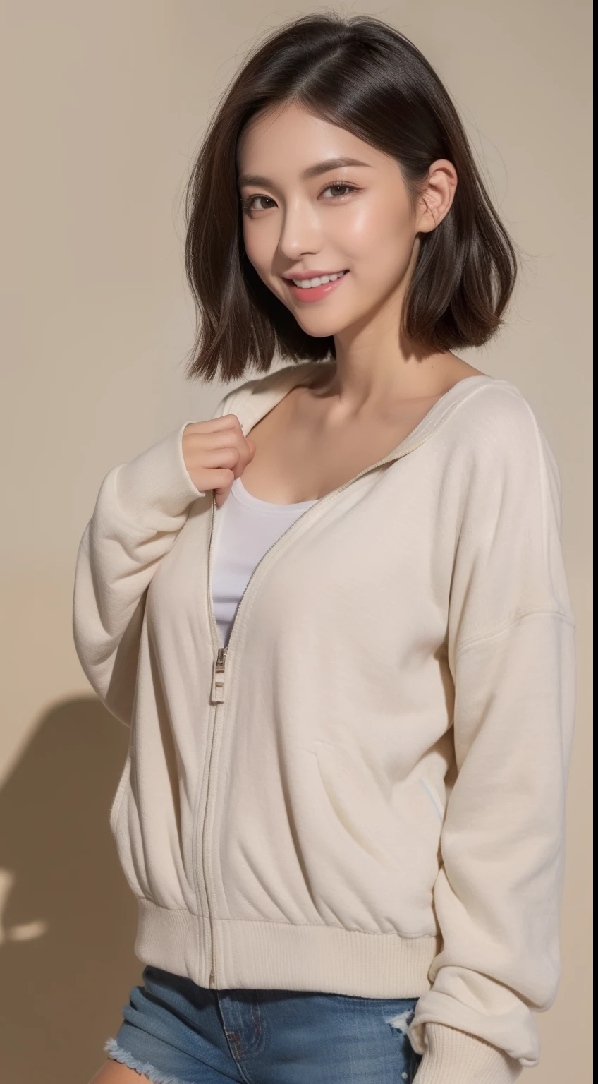 ((8K、Raw photography、top-quality、​masterpiece)、(realisitic)、(top-quality)、(Best Shadows)、(The best illustrations)、sexy chest、独奏、Energetic students、A detailed eye、Detailed face、perfectly proportions、Raw feet、highest texture、goddes、Moderately meaty、Tempered body、Clear skin、espadrilles、Short pants、Inner shirt、jaket、caps、Happy look