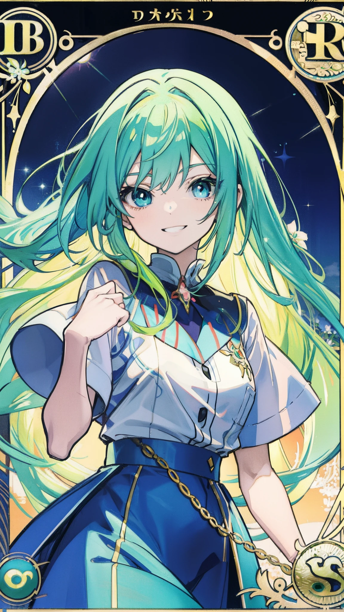 Anime goddess, Green vibrant hair, captivating blue eyes, Elegant and unique smile, Looks like anime art tarot cards.
