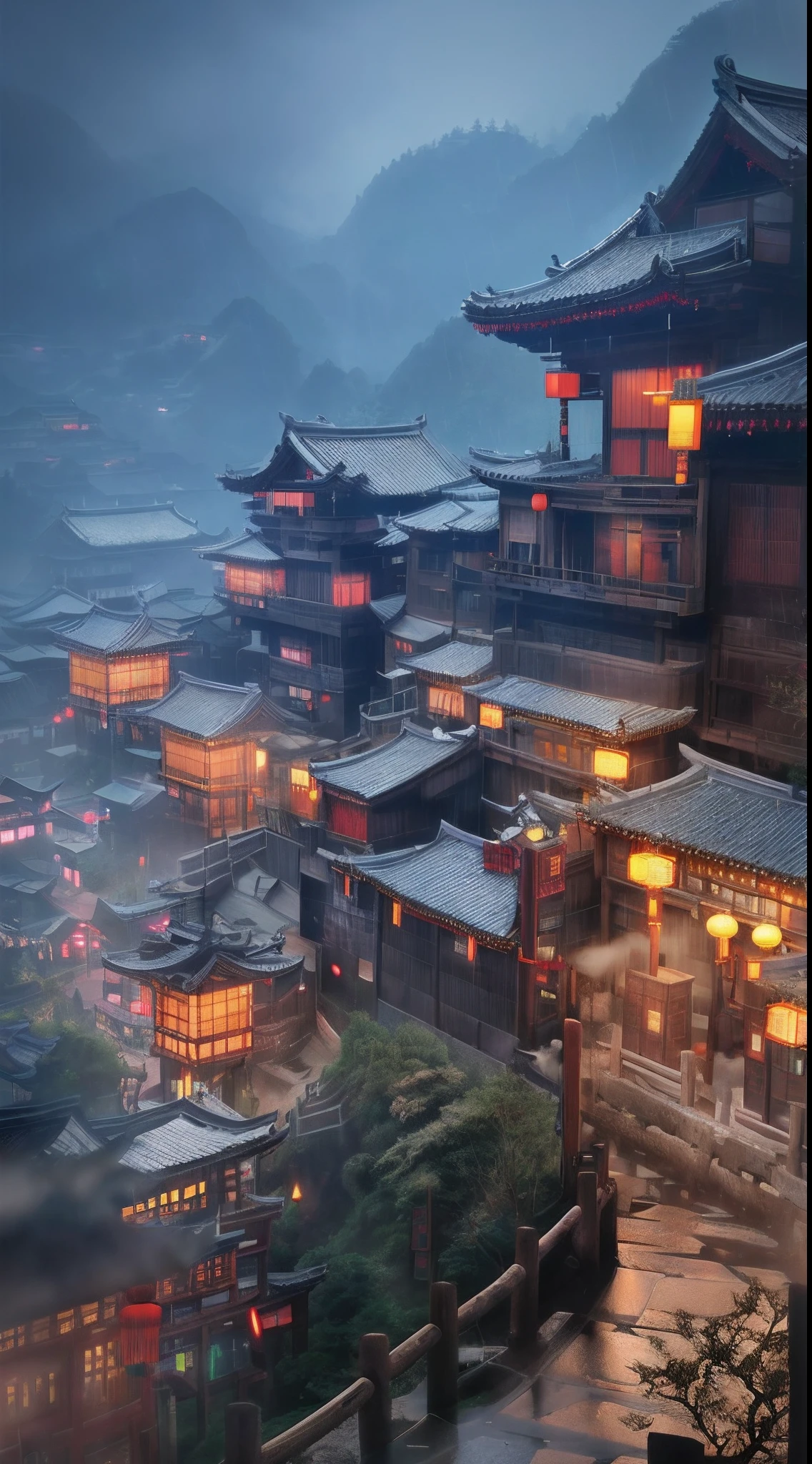 arafed view of a village with a lot of lights on the buildings, dreamy chinese town, chinese village, amazing wallpaper, japanese town, japanese village, hyper realistic photo of a town, old asian village, japanese city, by Raymond Han, rainy evening, cyberpunk chinese ancient castle, beautifully lit buildings, at evening during rain, beautiful and aesthetic, photography, cinematic, 8k, high detailed ((Heavy rain)))