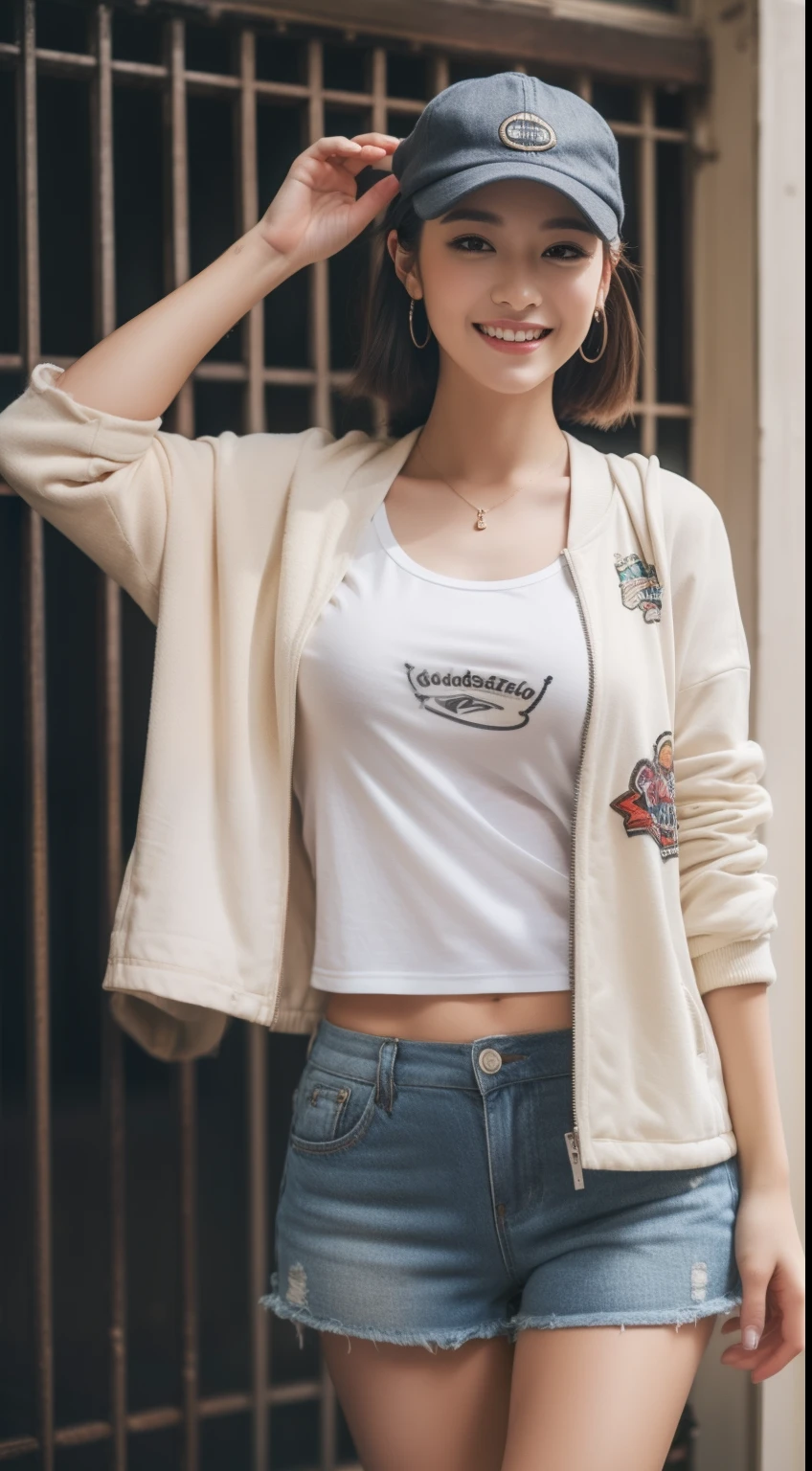 ((8K、Raw photography、top-quality、​masterpiece)、(realisitic)、(top-quality)、(Best Shadows)、(The best illustrations)、sexy chest、独奏、Energetic students、A detailed eye、Detailed face、perfectly proportions、Raw feet、highest texture、goddes、Moderately meaty、Tempered body、Clear skin、espadrilles、Short pants、Inner shirt、jaket、caps、Happy look