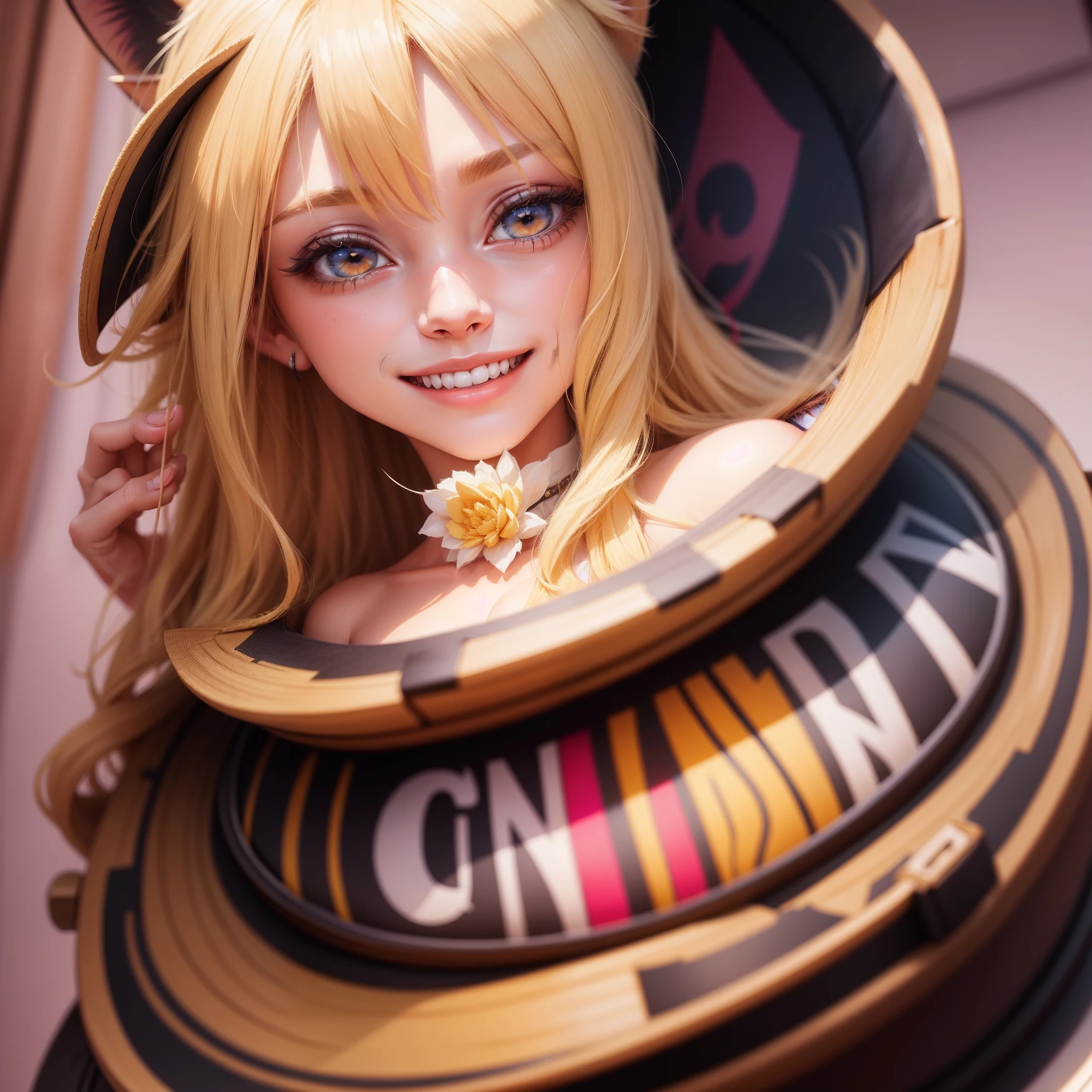 blonde hair, tokin hat, multicolored eyes, cat ears, smile, Surrealism, 8k, super detail, UHD