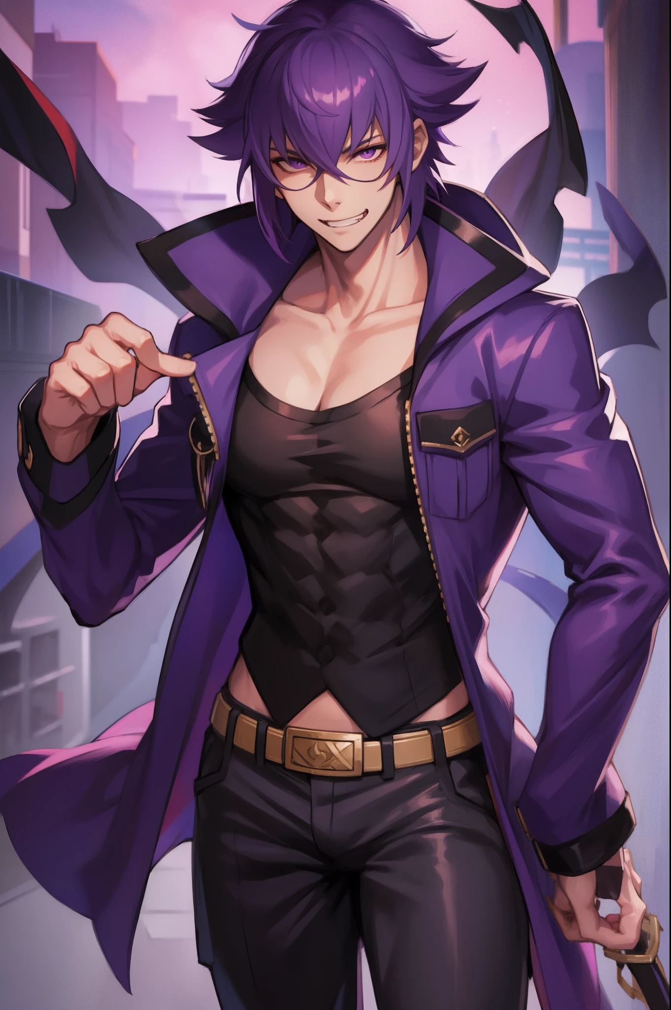 mirokujiyuuya, yanke, short hair, purple hair, ,, vest, pants, ,, pullover, coat, smug, standing, solo focus, full body, walking, city, one character,, 1boy, glass, smug, arrogant,mid muscular,full clothed, muscular pec, black-shirt