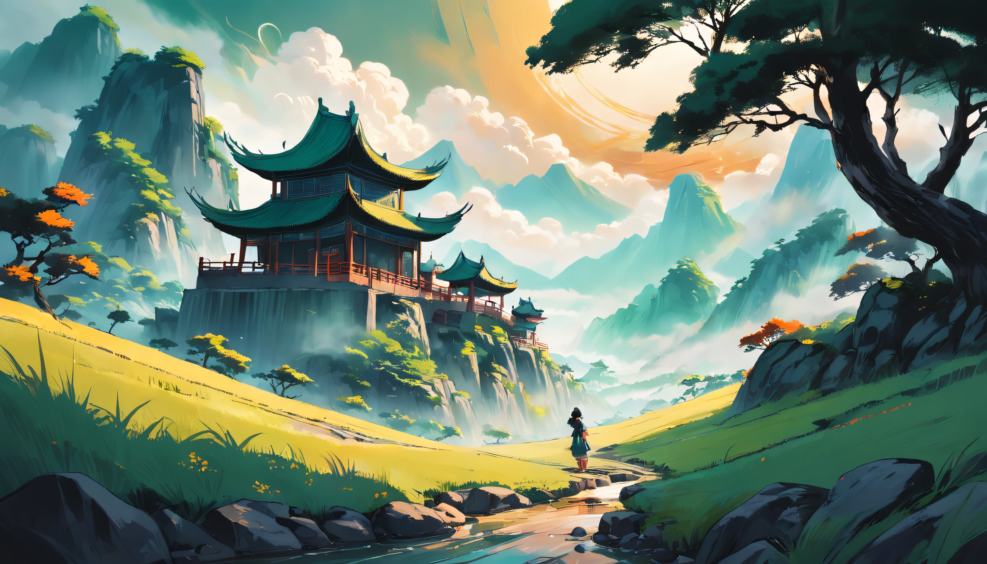 Chinese Landscape Ink Painting Low Angle Perspective OC Rendered Sculpture, green savana, morning vibes with sun, 4K
