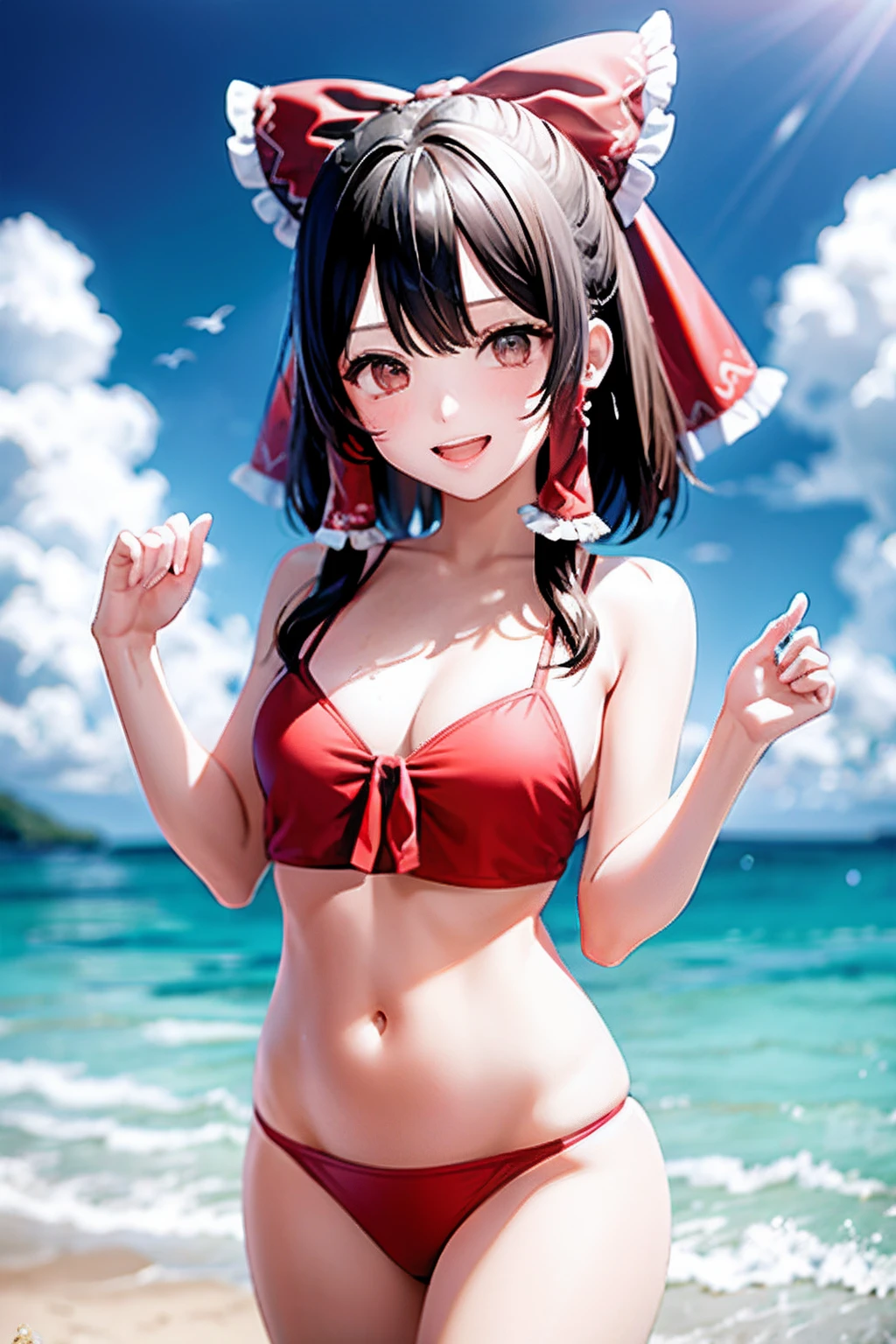 细致背景、masterpiece、best qualtiy、1 girl in、Borey Raim、Brown hair、hair tubes、Hair Ribbon、Brown-eyed、Sea and sandy beach background、Bikini with red ruffles、Happy face、A slender、the whole body is wet、GCup Breast