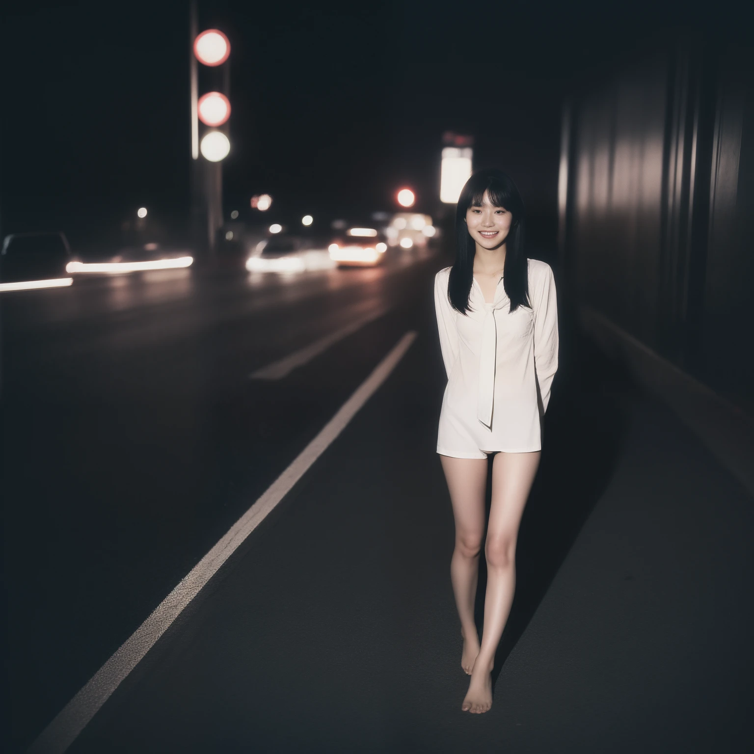 Girl in her 20s, Japanese, slim, (White panties), long black hair, White shirt, tie, Smile, on tokyo street, Night, neon signs, traffic, Dark theme, analog style, Photo, Photography, Polaroid Shot, Vintage 1980, Film Shots,