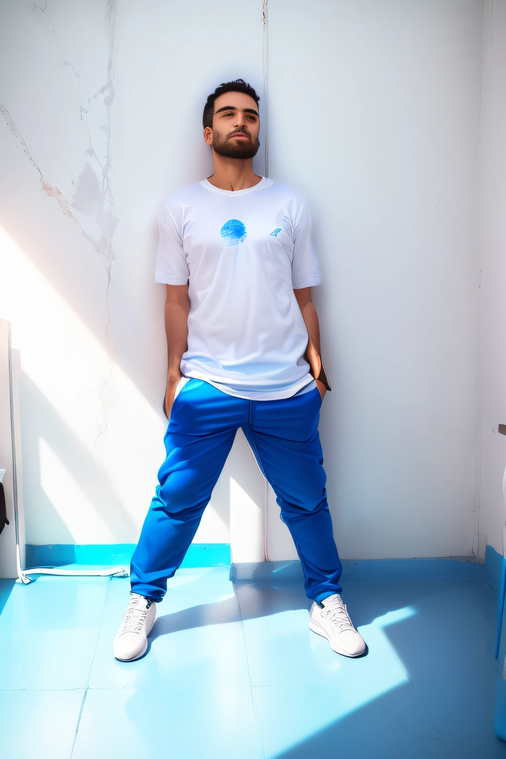 homem branco, de barba, blue pants and white t-shirt, em uma sala azul com janela a esquerda com sol de tarde.