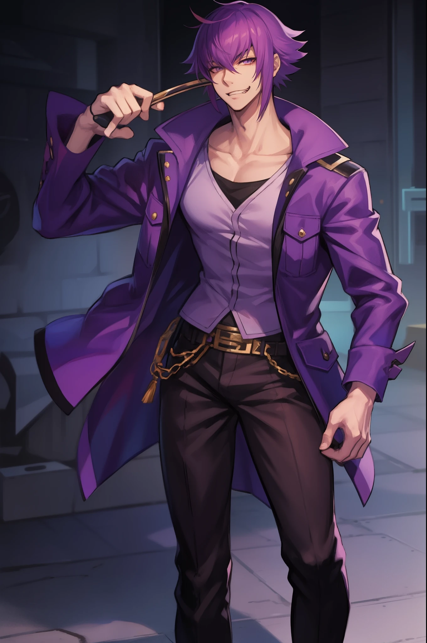 mirokujiyuuya, yanke, short hair, purple hair, ,, vest, pants, ,, pullover, coat, smug, standing, solo focus, full body, walking, city, one character,, 1boy, glass, smug, arrogant,mid muscular,full clothed, muscular pec, black-shirt, full body