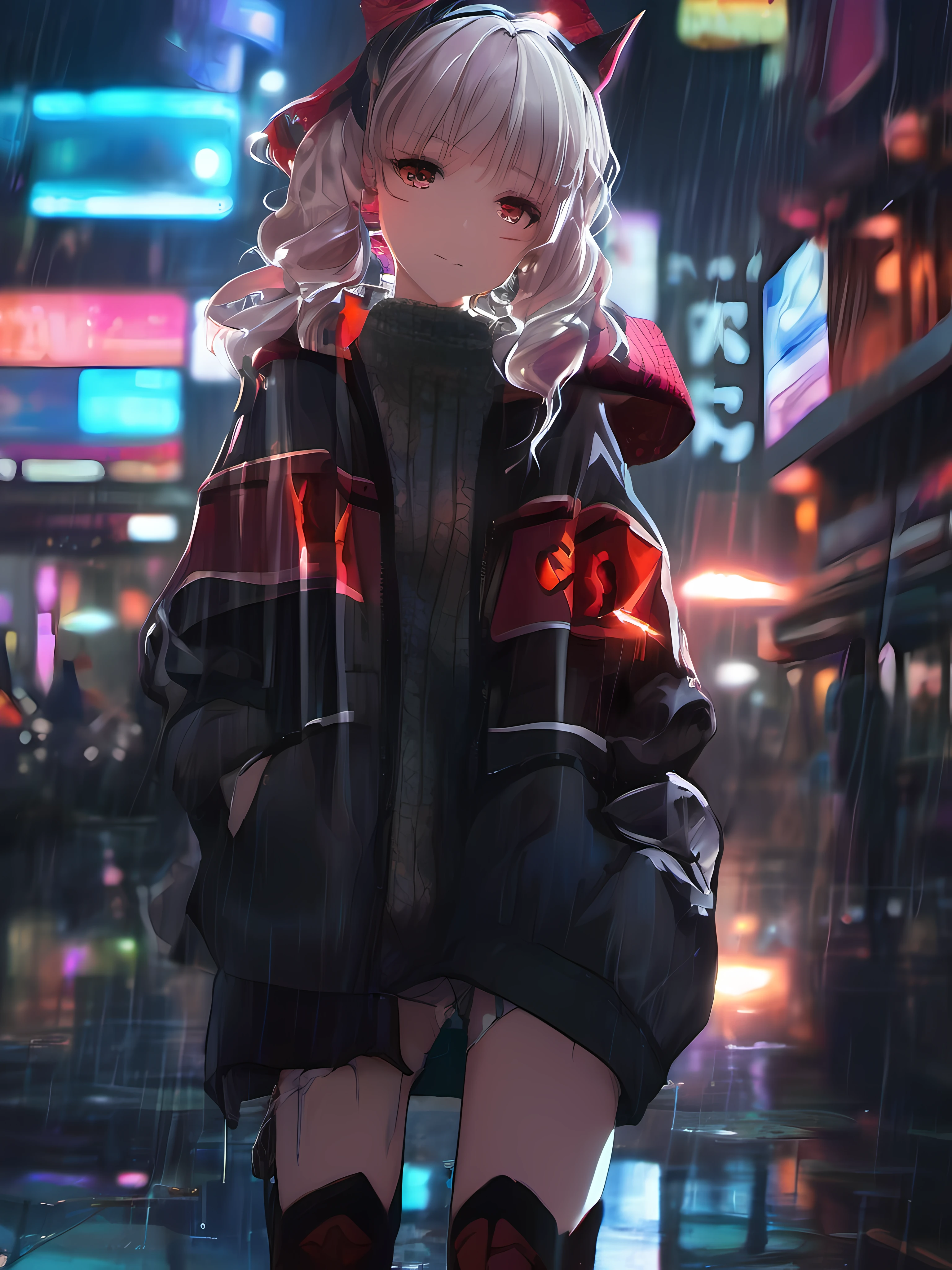 Night, colorful cyberpunk city background, rain, street, teenage girl in cozy sweater, li, red eyes, glowing eyes, black stockings, backlight, glow, looking at the audience, low angle lens, looking up lens, perfect composition, perfect light and shadow delicate, 8k