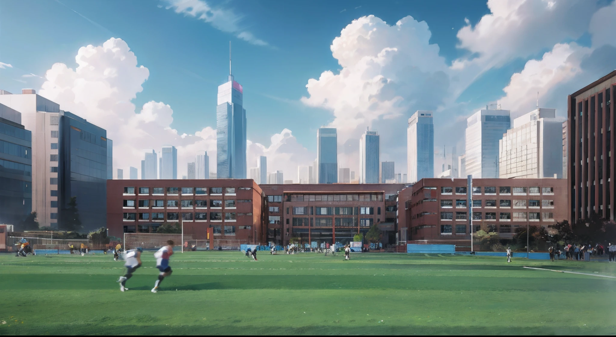 There are a lot of people playing football in the field in front of the city, building rendering, wide wide shot, realistic establishing shot, establishing shot, wide establishing shot, photorender, architectural render, hyper realisitc, close establishing shot, detailed wide shot, realistic scene, photoreal render, Higher detailed illustration, digital painted, high detail photo, Close portrait, CG rendering