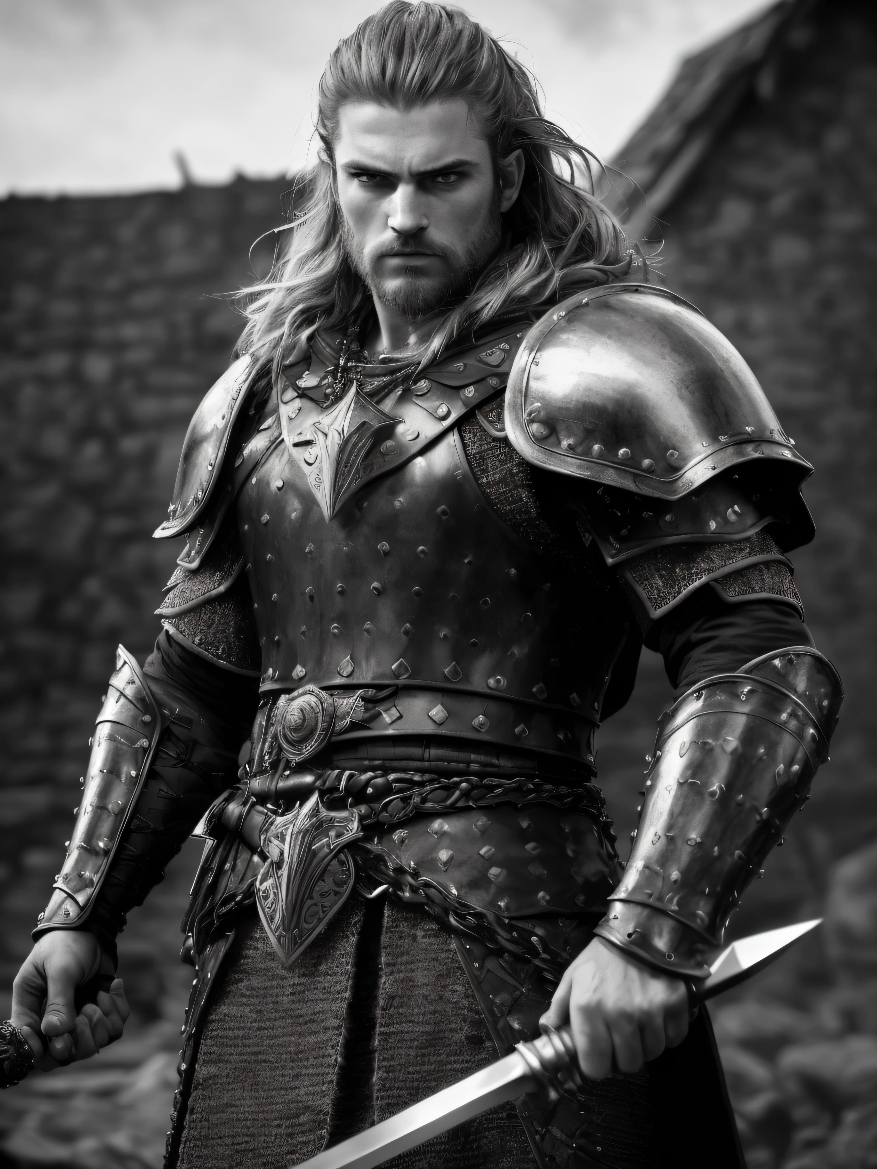 (Highest quality:1.3), cinematic shot, masterpiece, (sharp focus:1.5), (photorealistic:1.3), medium portrait of (An angry-looking but still proud and fierce-looking young Viking warrior, now the leader of his village, dressed in elaborately detailed chain mail and leather armour, a few torches burn on the walls, giving the scene a dark atmosphere but sculpting the forms in sharp chiaroscuro), it is night time, (highly detailed skin), (detailed face), detailed background, dark lighting, twilight lighting, volumetric lighting, intricate details, UHD,