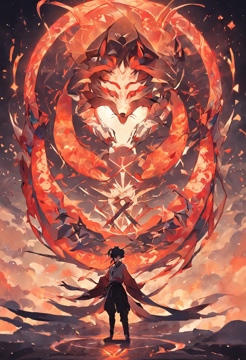 fox demon,Circles are combined with triangles, charka, DMT art style, Psilocybin, Geometric sacred symbols, Depict the philosophy of life, Yin and yang, Life and death, Yin and Yang Eye Chinese