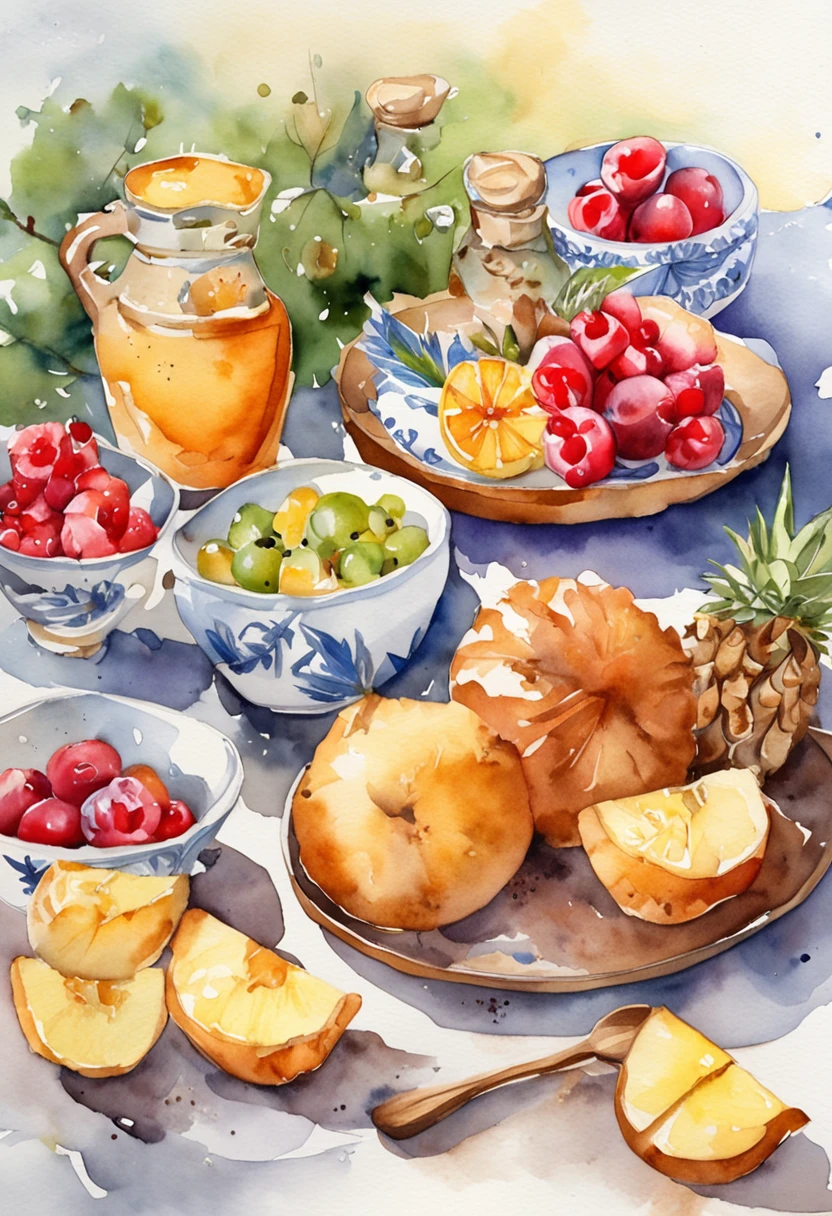 Place the product image on the table next to the cup containing the effervescent tablets,breads,Cupcakes,kawa,tropical fruit