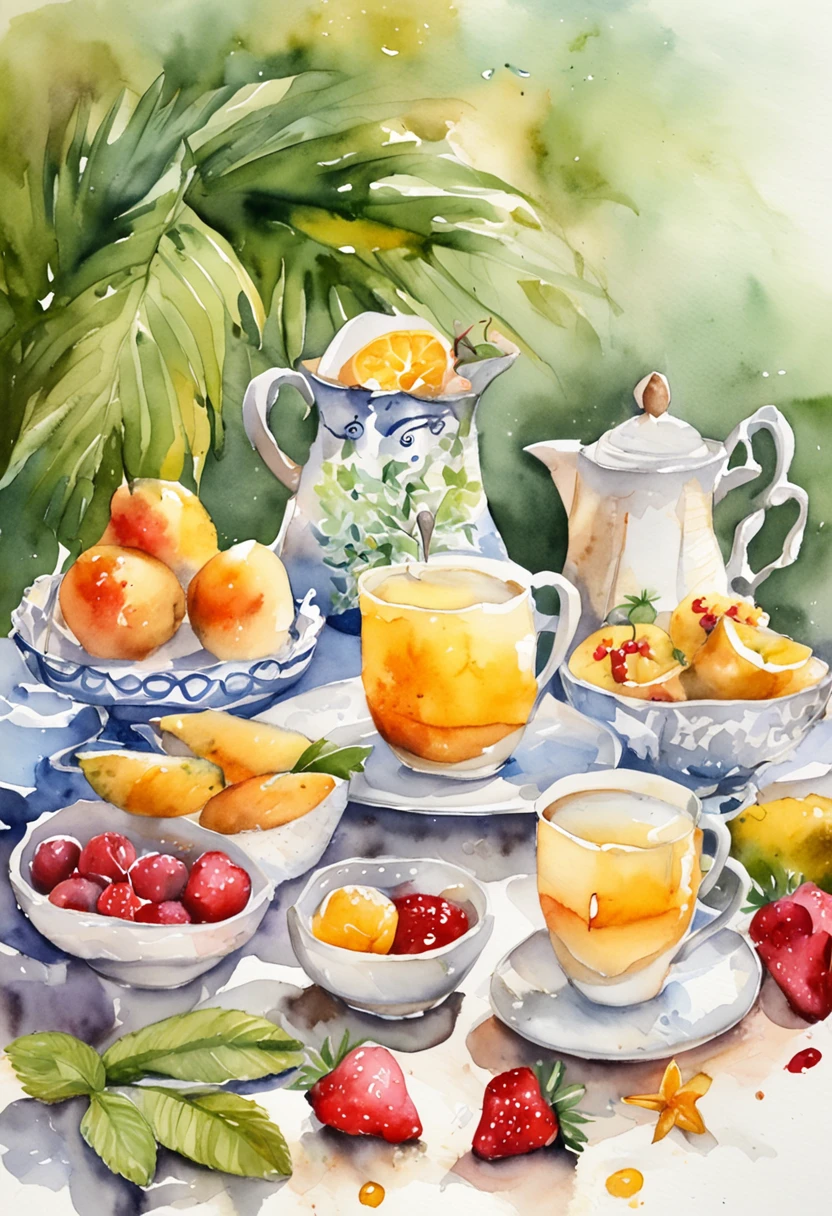 Place the product image on the table next to the cup containing the effervescent tablets,breads,Cupcakes,kawa,tropical fruit
