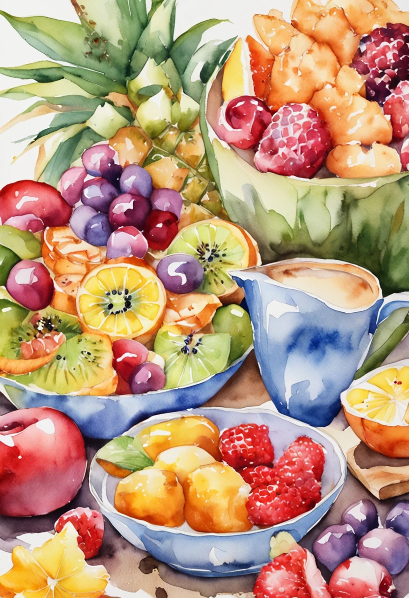 Place the product image on the table next to the cup containing the effervescent tablets,breads,Cupcakes,kawa,tropical fruit