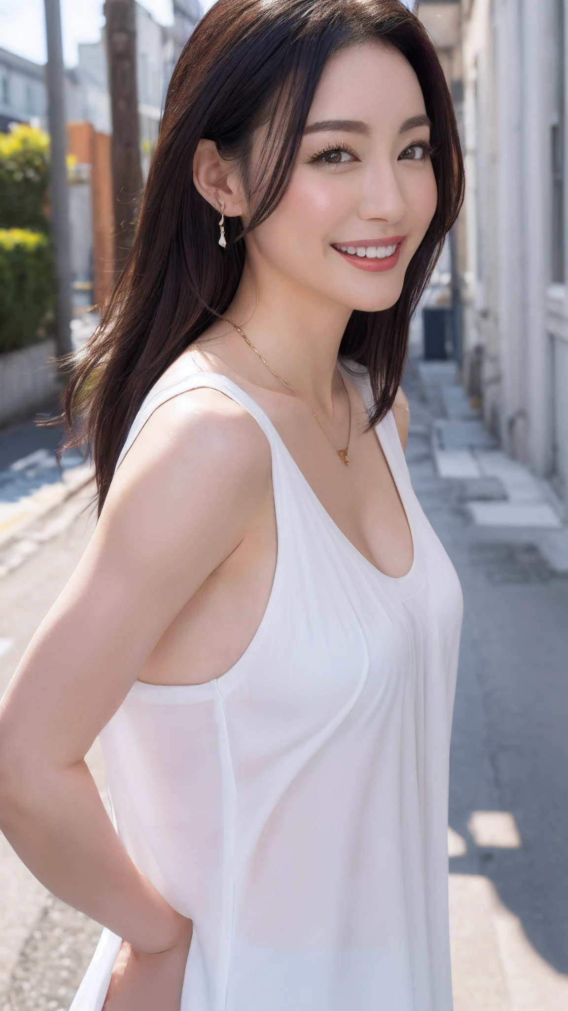 in 8K、超A high resolution、Best Quality、masutepiece 、(quite massive chest、cleavage of the breast)(white one peace:1.2)、In the street、Black hair long straight、Happy smile、Big dark eyes、lipgloss、a necklace、White mule、(Show the armpits、Drawing from the side:1.2)