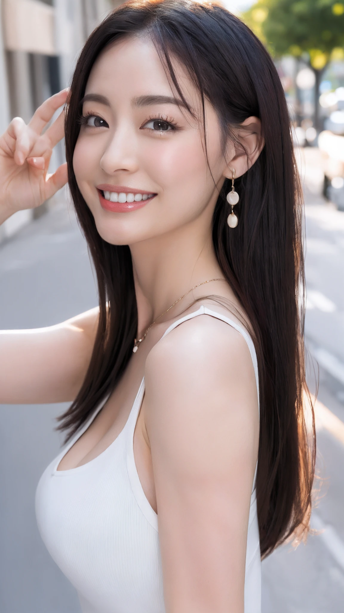 In 8K、超A high resolution、highest quality、table top 、(pretty big breasts、cleavage)(white dress:1.2)、in the street、black hair long straight、Smile、big black eyes、lip gloss、necklace、white mule、(show your armpits、Diagram drawn from the side:1.2)