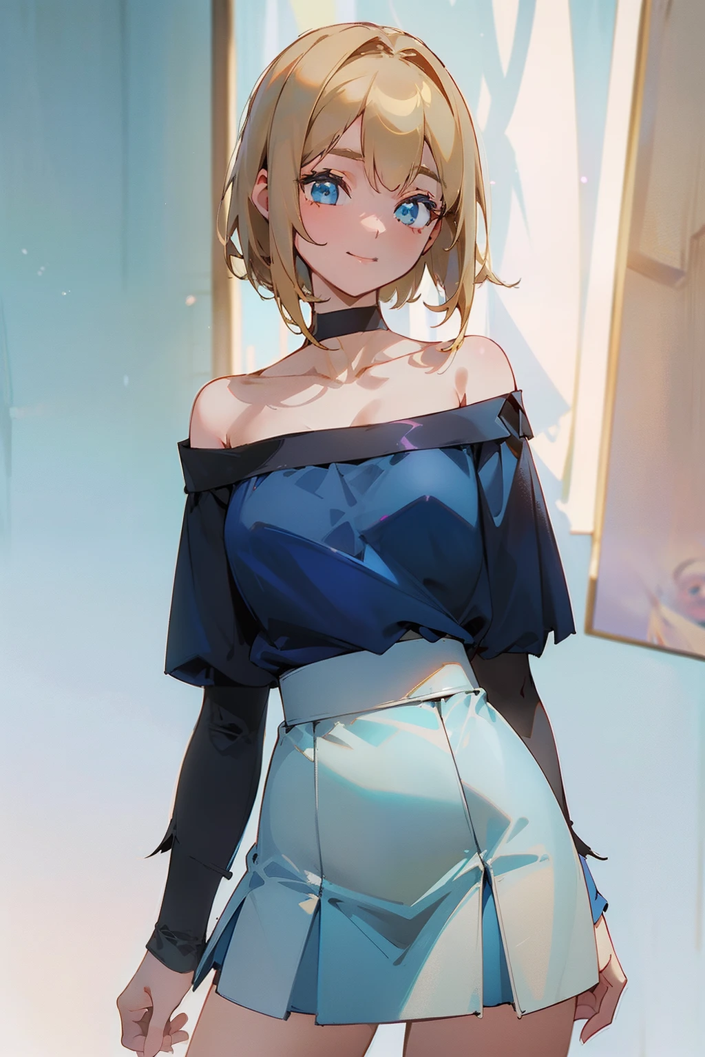 top-quality, 超A high resolution, (Photorealsitic:1.4), 1 beautiful girl, ((Off-the-shoulder light blue shirt)), (White tight skirt), Black Choker, (japanese beauty girl), (Lustrous blonde hair), ((a short bob)), ((A slender)), (medium cleavage), a closeup, (ssmile), model shot, ((Nijiu Lu))