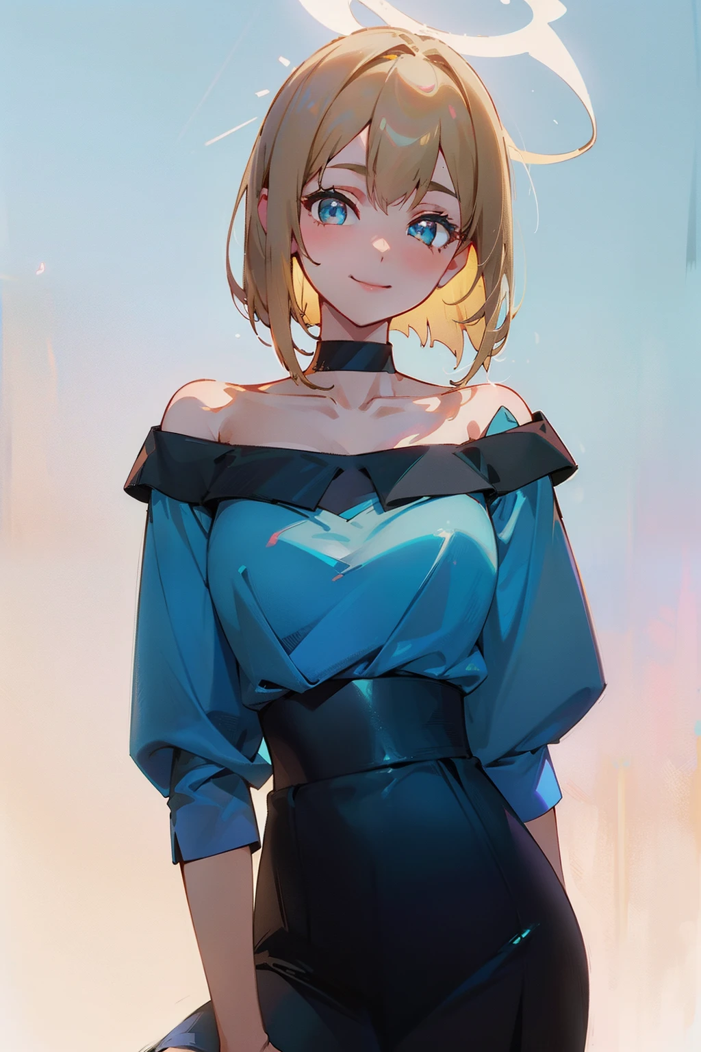top-quality, 超A high resolution, (Photorealsitic:1.4), 1 beautiful girl, ((Off-the-shoulder light blue shirt)), (White tight skirt), Black Choker, (japanese beauty girl), (Lustrous blonde hair), ((a short bob)), ((A slender)), (medium cleavage), a closeup, (ssmile), model shot, ((Nijiu Lu))