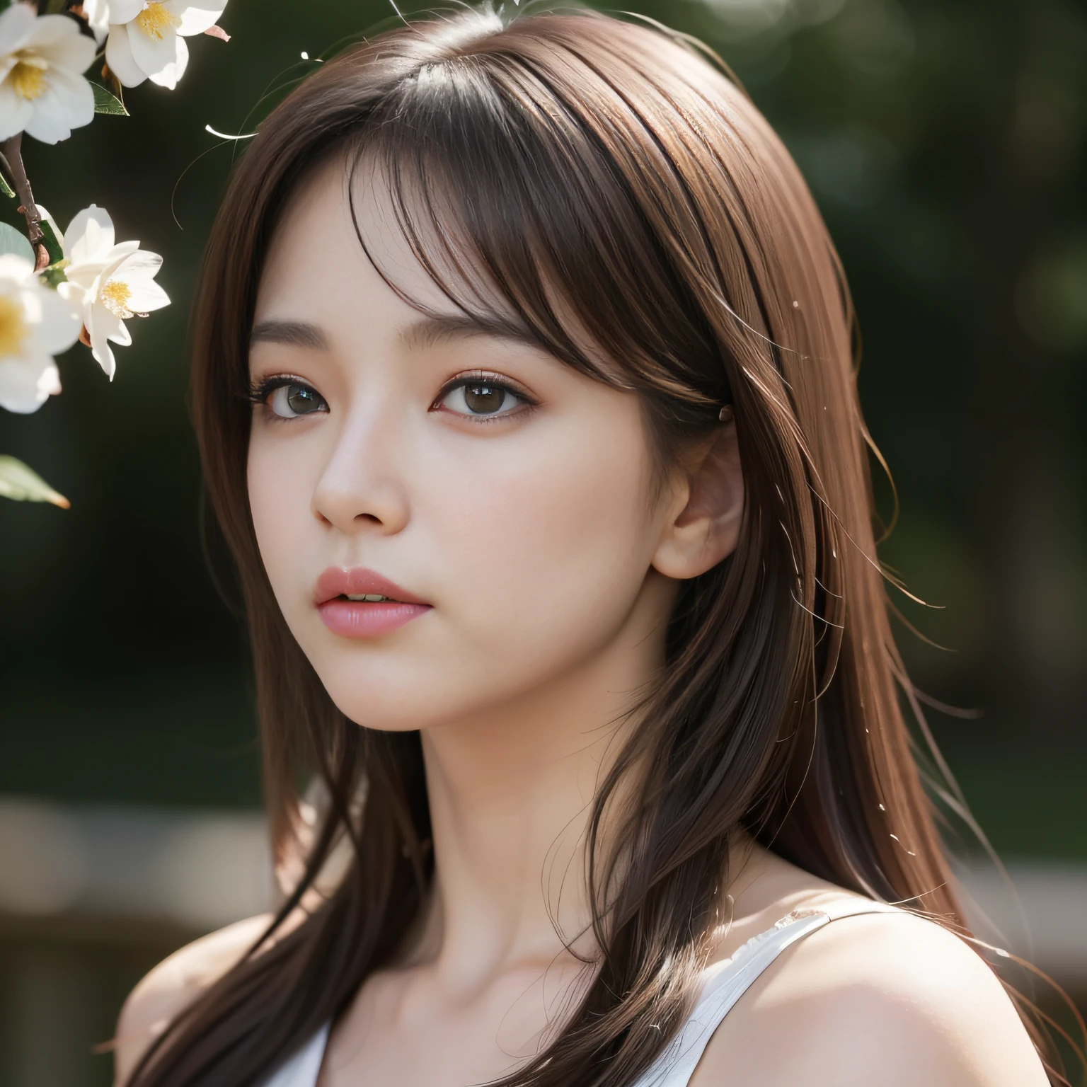 (masterpiece:1.2, best quality), (finely detailed beautiful eyes: 1.2), ((1girl)), ((solo)), (red eyes:1.4), (finely detailed eyes and detailed face:1.3), (beautiful and clear background:1.2), (extremely detailed CG, ultra-detailed, best shadow:1.1), ((depth of field)), ((watercolor)), (neko:1.5), (casual clothes:1.3), large breasts, bare shoulders, flowers and petals, beautiful concept illustration, (white background:0.5), (illustration:1.1), (extremely fine and beautiful:1.1), (perfect details:1.1), from side, cowboy shot, face focus
