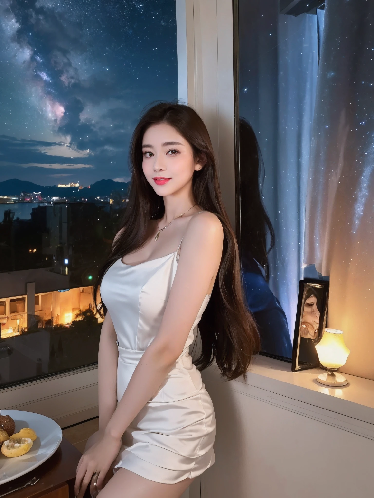 (8K, RAW photo, Photorealistic:1.25) ,( Gloss on lips,glossy finish, Glossy glossy skin, Best quality, 超A high resolution, color difference, Caustics, Wide light, naturalshadow) look with serenity and goddess-like bliss to the spectators,(depth of fields:1.6), (colorful unfocused lights on background:1.2) ,very natural make-up,Cloudy day shooting ,Large breasts,slender eyes.downcast eyes. A distant look in her eyes、(Smile:2)Smile,(Gorgeous summer dress)(Fashion professional model)、Radio City、Medium hair