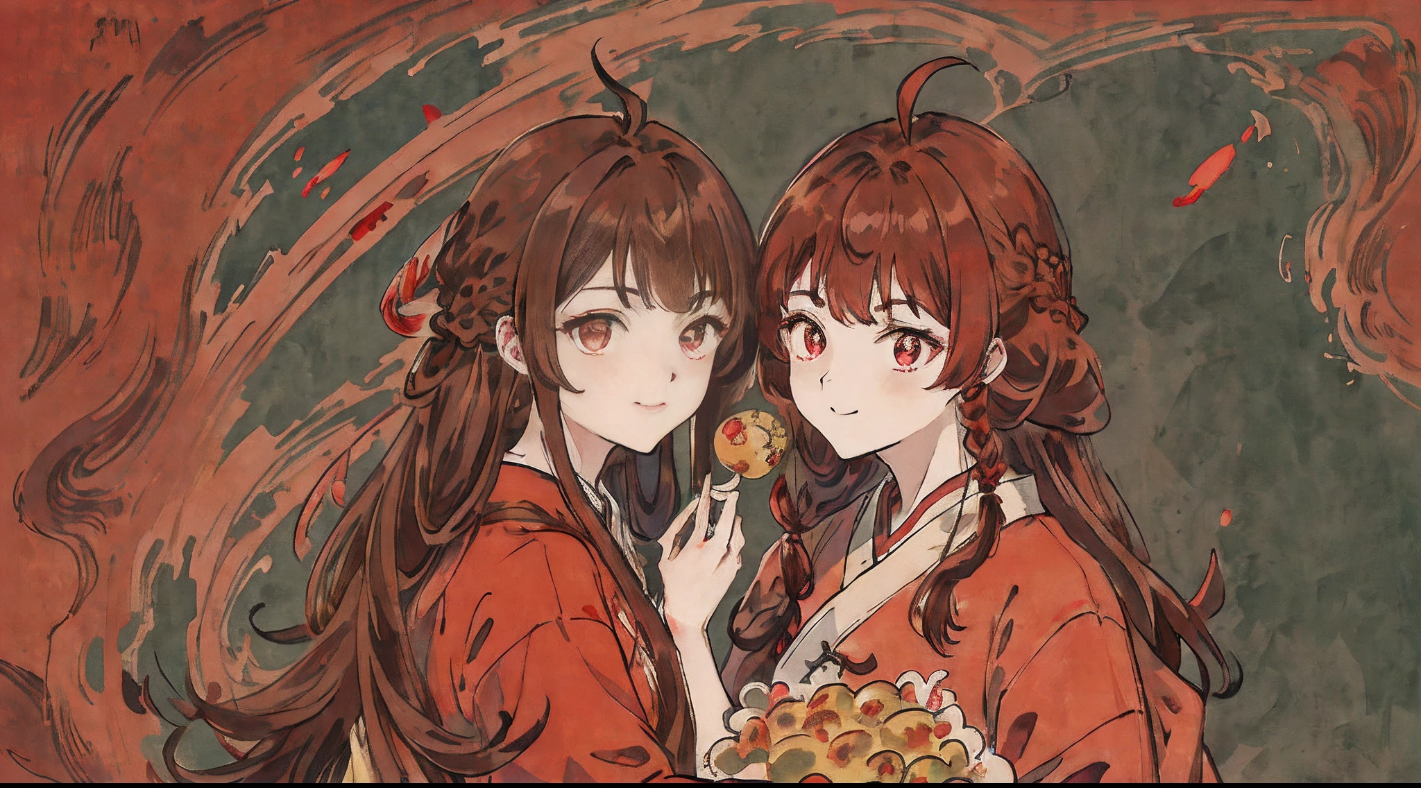masterpiece,best quality,official art,extremely detailed CG unity 8k wallpaper, brown hair, smile, long hair, low-tied long hair,ahoge,red_hanfu,red_eyes, brown eyes, Fine fried dough twist Braid, Lateral plait on both sides,glowingeyes, atdan, green background,