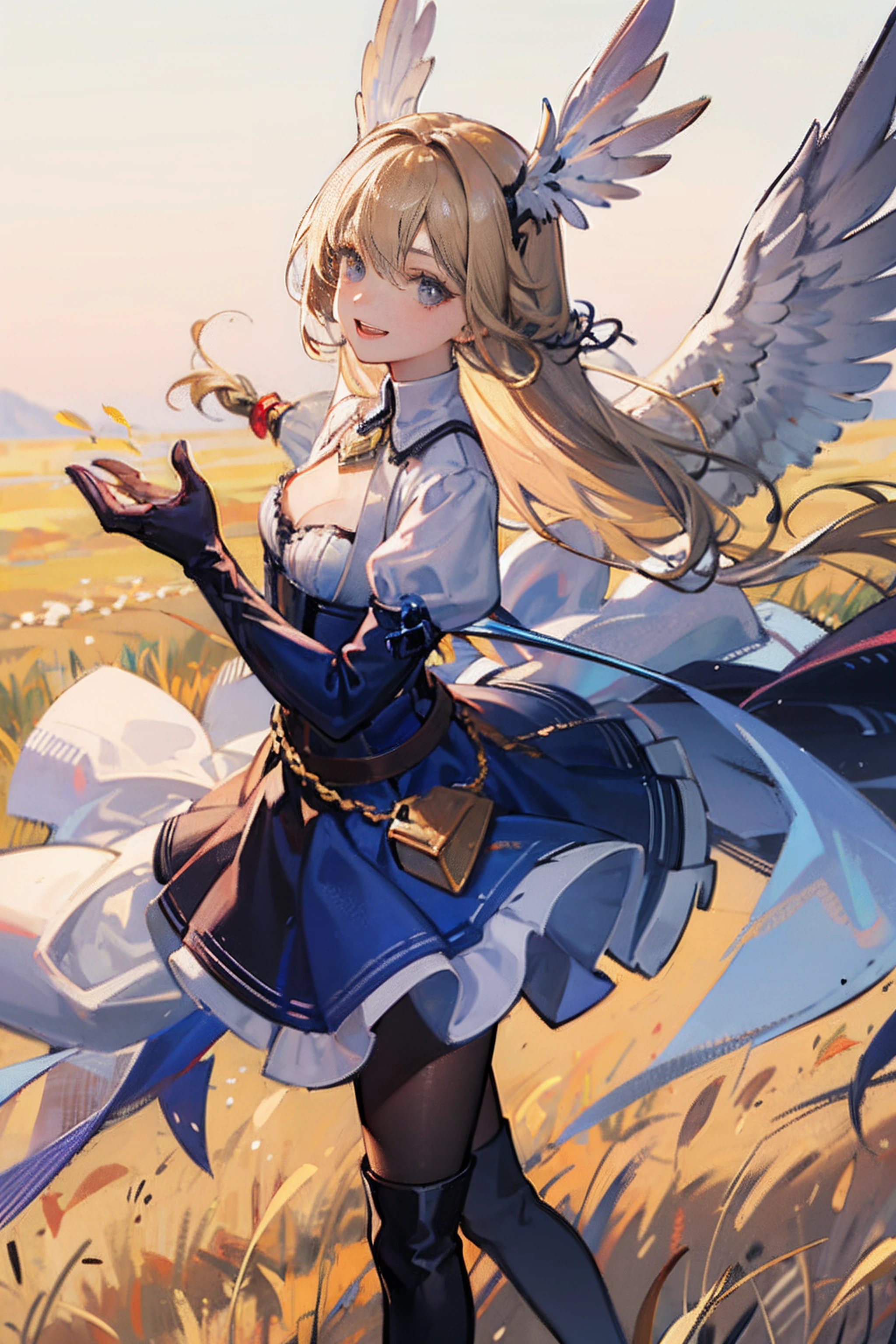 Illustration, master piece, Best Quality,
1girl in, Solo, Small breasts, Hand up,
cheerful smile, laugh, 17 age, up close shot,
valkyrie, Feather Headgear, short small angel wings, Silver Gauntlet, gloves,
swept bangs, Long Plutinum Blonde Hair, drooping eyes,
Light blue lace dress, Necklace, Thigh boots, pantyhose,
wheat field background,
