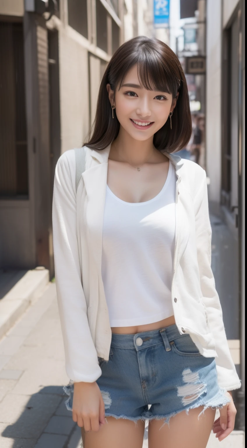 ((8K、Raw photography、top-quality、masterpiece)、(realisitic)、(top-quality)、(Best Shadows)、(The best illustrations)、sexy chest、独奏、Energetic students、A detailed eye、Detailed face、perfectly proportions、Raw feet、highest texture、goddes、Moderately meaty、Tempered body、Clear skin、espadrilles、Short pants、Inner shirt、jaket、夏天、Happy look