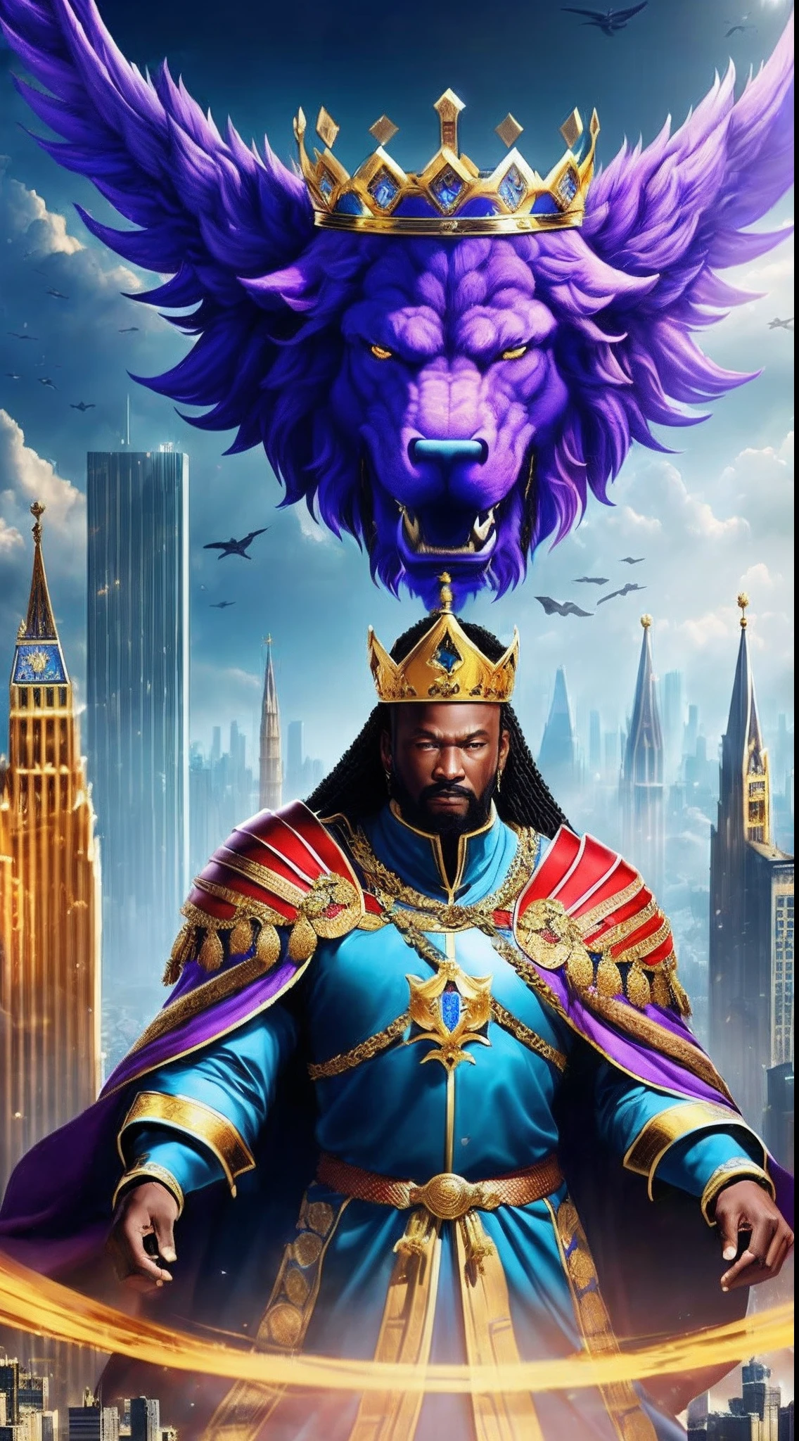 (high-level image quality、high-detail、8k)、(King Angolmore descends from the sky)、(a person々There is panic in the city)