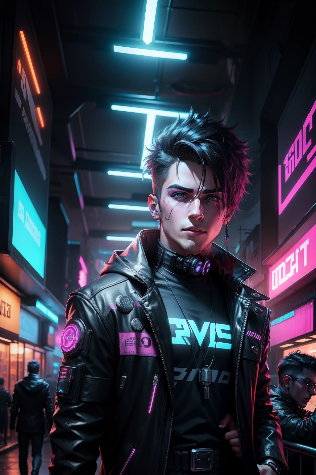 /imagine change background cyberpunk handsome boy, realistic face,neon light, 8k,V4, ulta