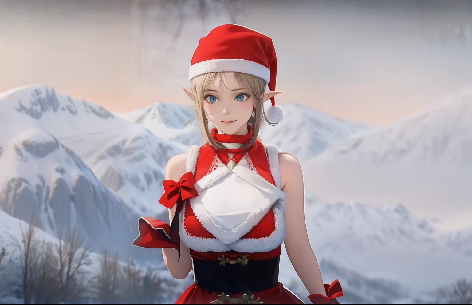 An elf girl in Christmas costume，standing in the snowy mountain