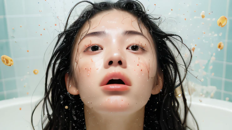 ((top quality, 8k, masterpiece: 1.3)), woman (naked in hot springs), sweating, water droplets on forehead of face, outdoors, background urban cityscape, overhead camera, sharp focus: 1.2, cute woman: 1.4, (((layered haircut)), (white shirt), very detailed face and skin and hair texture, knotted black hair, wet texture hair, wet body, detailed eyes, Double eyelids, white skin, beautiful legs, beautiful delicate nose, cute young Japan woman, 28 years old, with dynamic angles, it is pleasing to the eye and suggestive composition, while emphasizing the subject's hair, eyes, mouth and action, while exuding melancholy emotions characterized by a contrasting mix of calm tones and light and shadow.