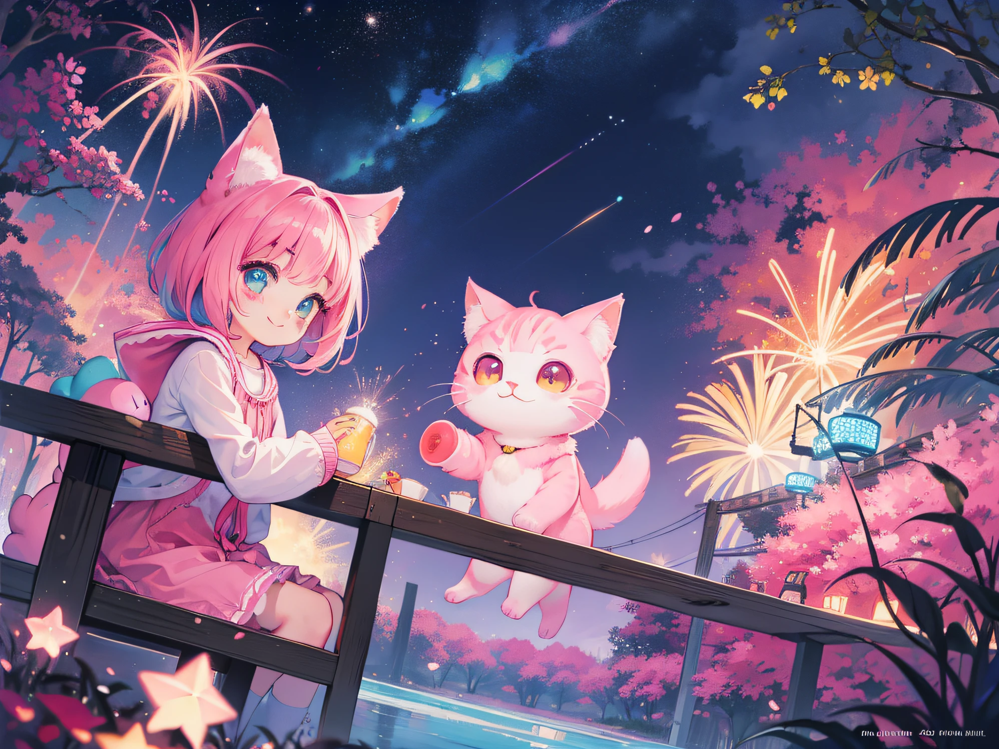 Cute adorable little pink cat greets you with a wave and smile, Background is beautiful night sky with colorful fireworks Detailed digital painting, Cinematic, character designs:Mark Ryden、Pixar、hayao myiazaki,