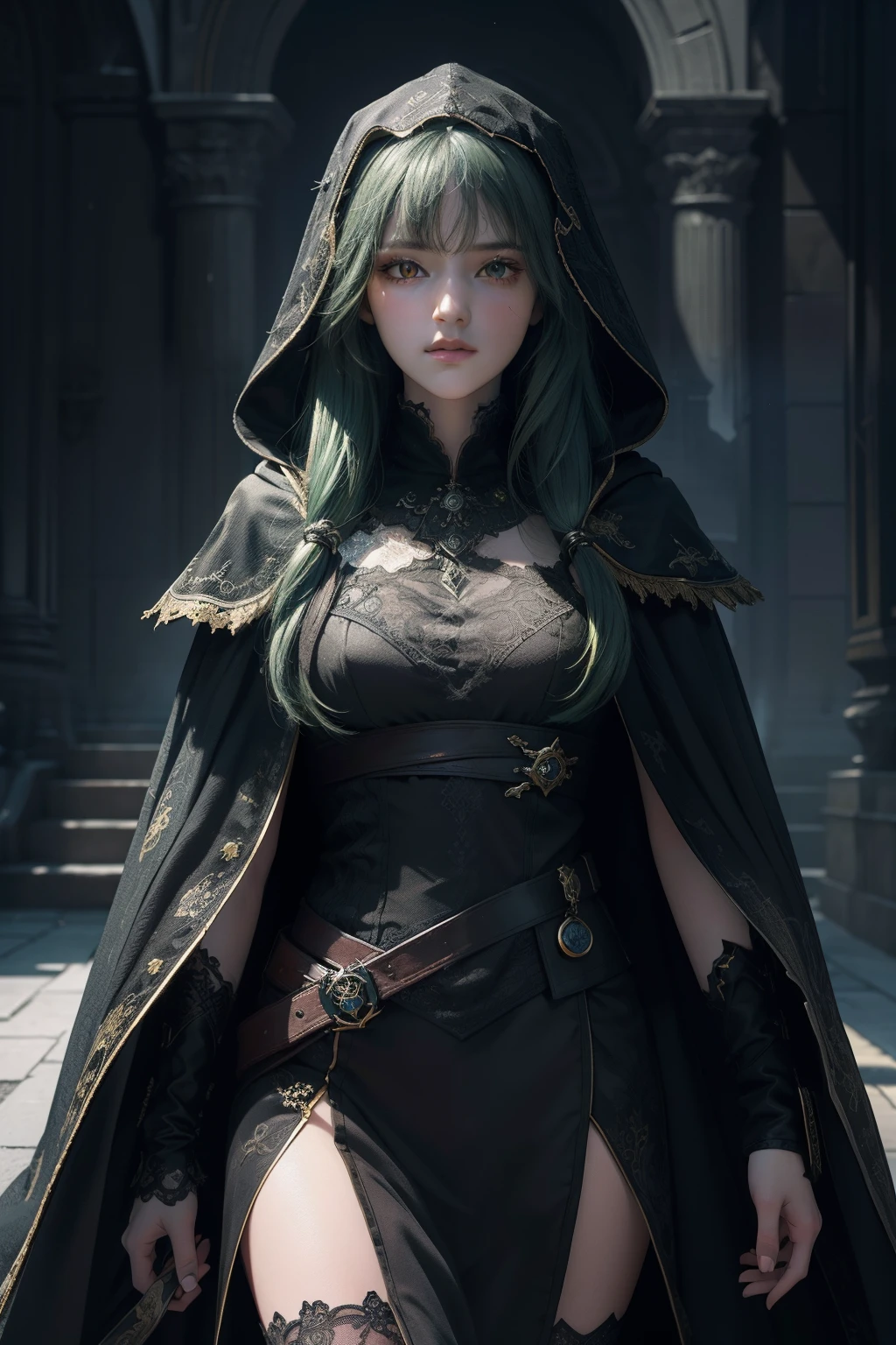 Best quality,Highly detailed,Masterpiece,Ultra-detailed,illustration,Expressionless,apathy,Yellow eyes,{Black cloak},Extremely detailed Cg Unity 8K wallpaper,complex pattern,Best quality,illustration,{1 girl},teens girl,{Masterpiece},Green hair