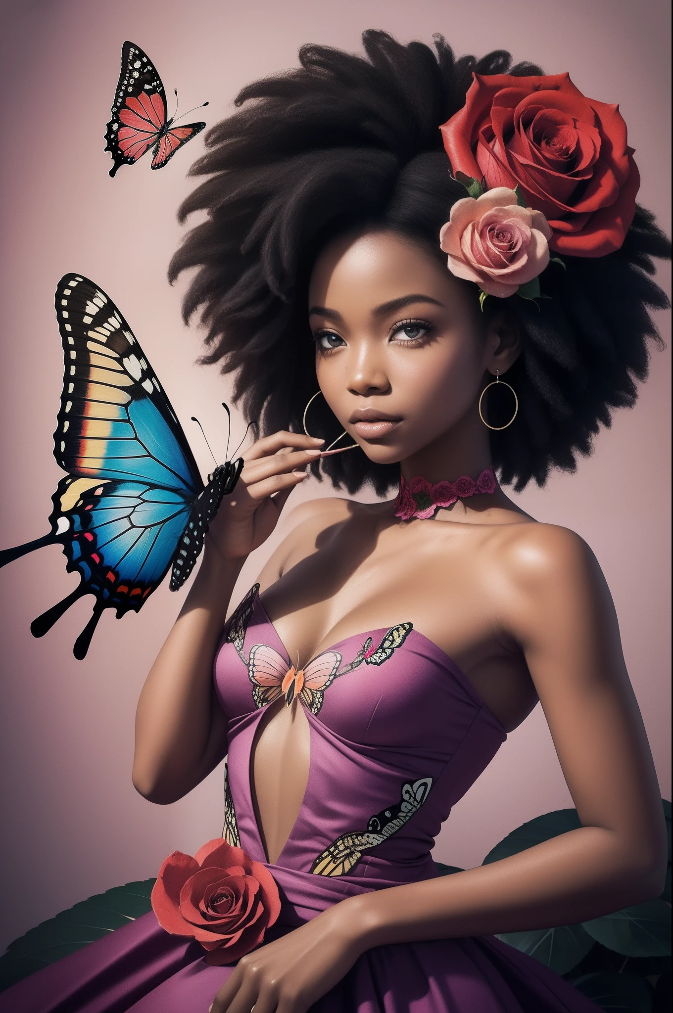 pencil drawing of a woman afro with a rose and butterfly, just the butterfly and the rose colorful minimalist high quality
