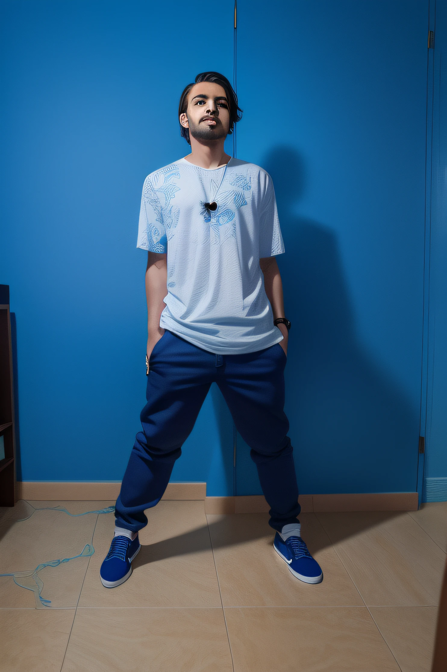 homem jovem branco de cabelo preso, rosto serio em uma sala totalmente azul com janela a esquerda, com sol de tarde, Blue pants and white T-shirt with LGBT print,