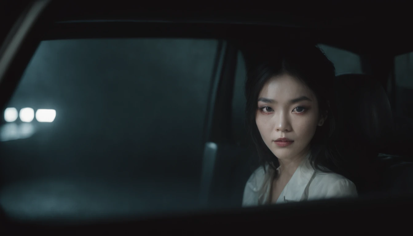 scary woman in white, asian, black hair, sitting in backseat, seen through rearview mirror. night time, taxi driver, interior,backlit, slate atmosphere, cinematic, dimmed colors, dark shot, muted colors, film grain, lut, spooky, fog, (oil painting)1.5, (amy sol)0.248, (stanley artgerm lau)0.106, (a detailed painting)0.353, (gothic art)0.106