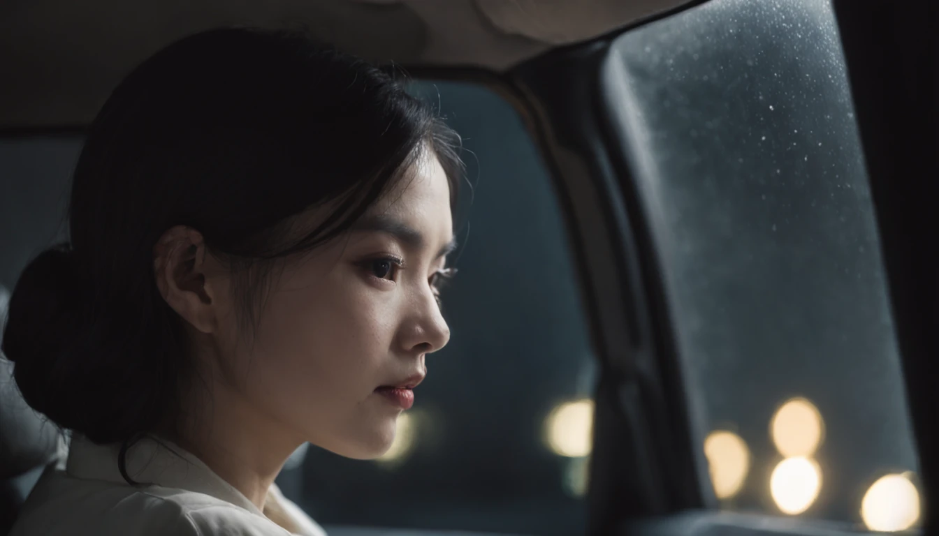 scary woman in white, asian, black hair, sitting in backseat, seen through rearview mirror. night time, taxi driver, interior,backlit, slate atmosphere, cinematic, dimmed colors, dark shot, muted colors, film grain, lut, spooky, fog, (oil painting)1.5, (amy sol)0.248, (stanley artgerm lau)0.106, (a detailed painting)0.353, (gothic art)0.106